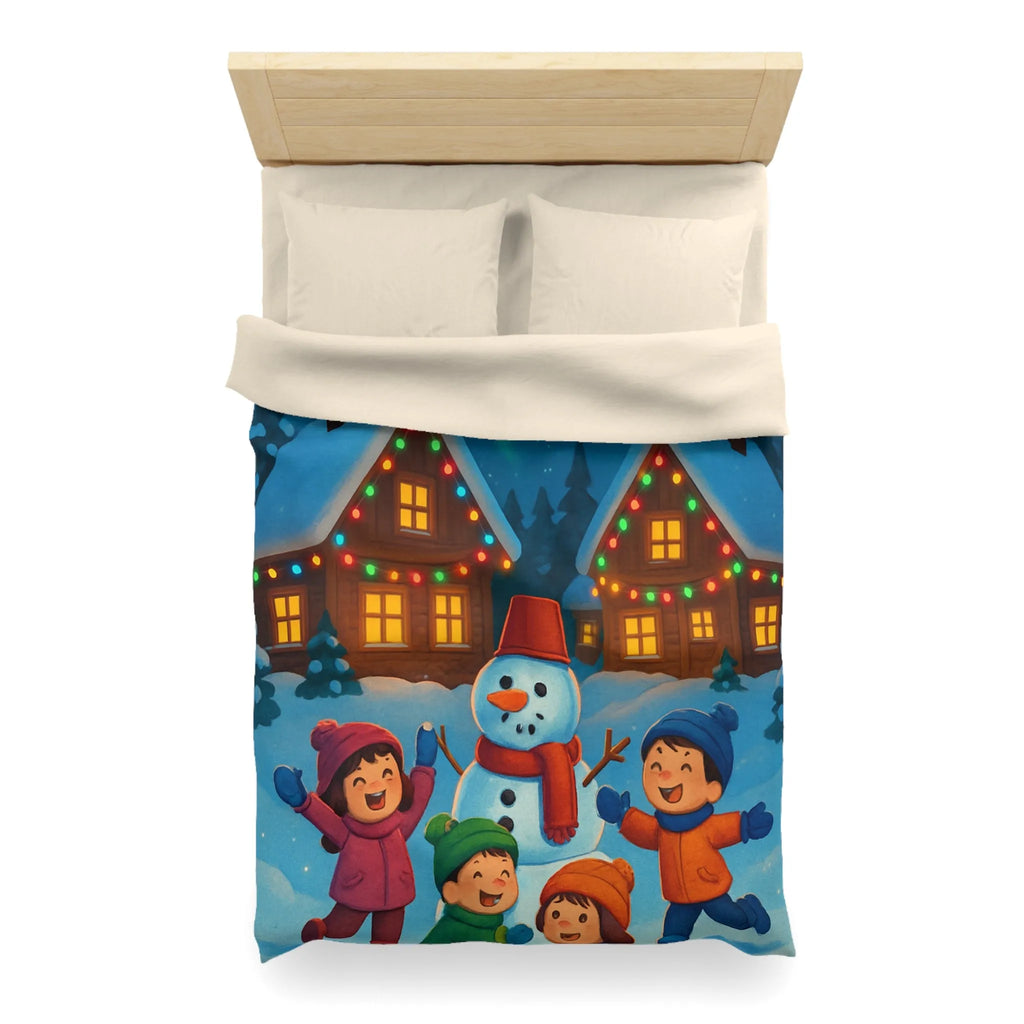 Housse de couette enfants avec design joyeux d'hiver, neige et cabanes éclairées