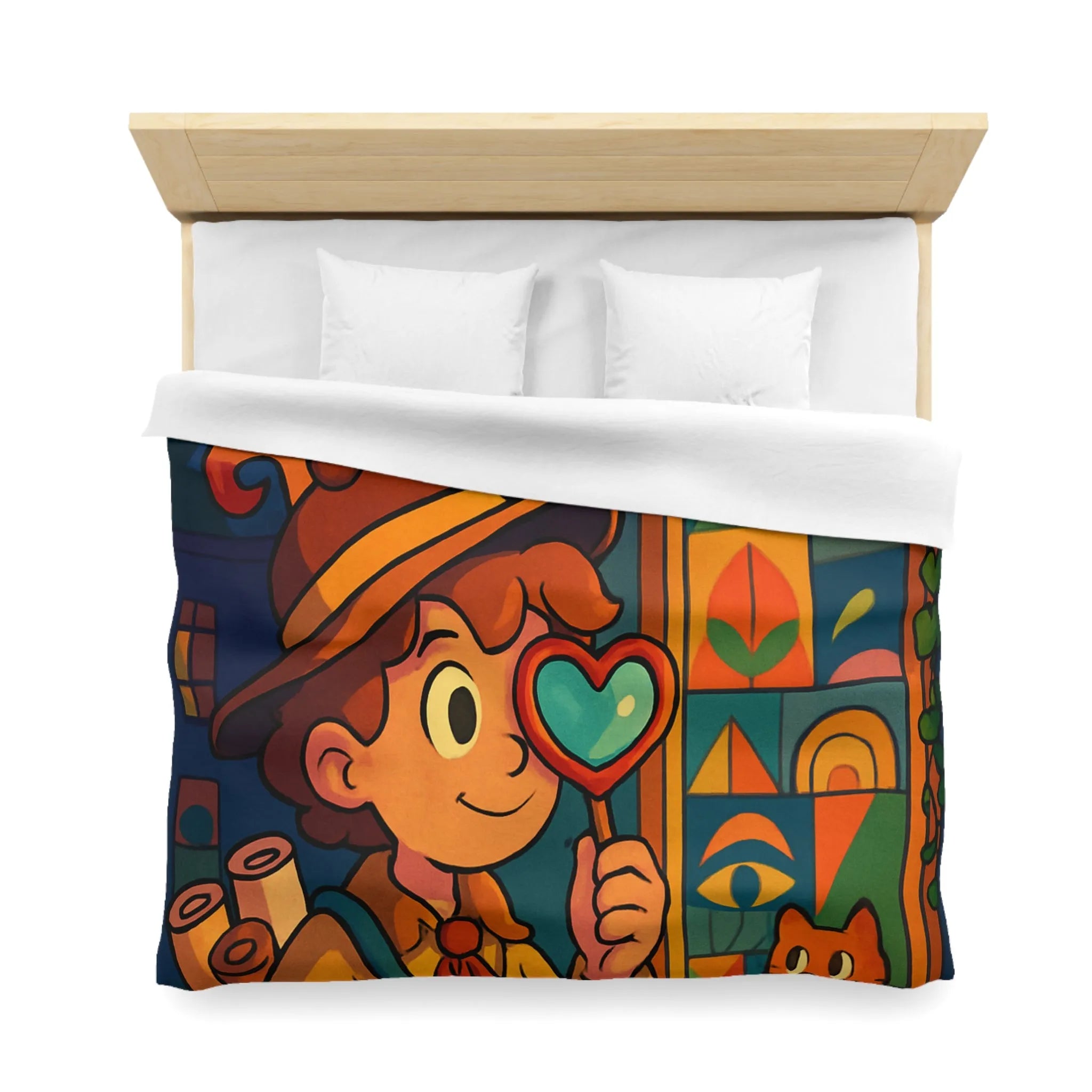 Housse de couette enfant magique avec chat mignon et motifs géométriques colorés