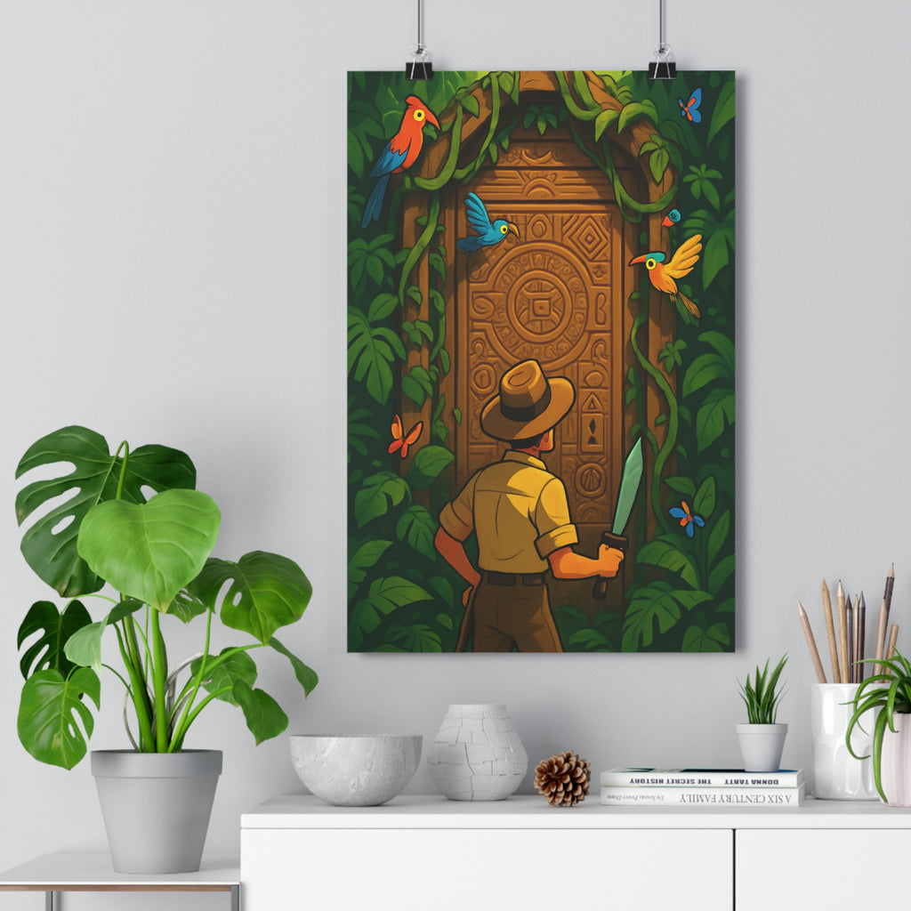 Poster décoratif aventurier jungle mystique vert jaune dessin animé chambre enfant exotique vibrant animaux