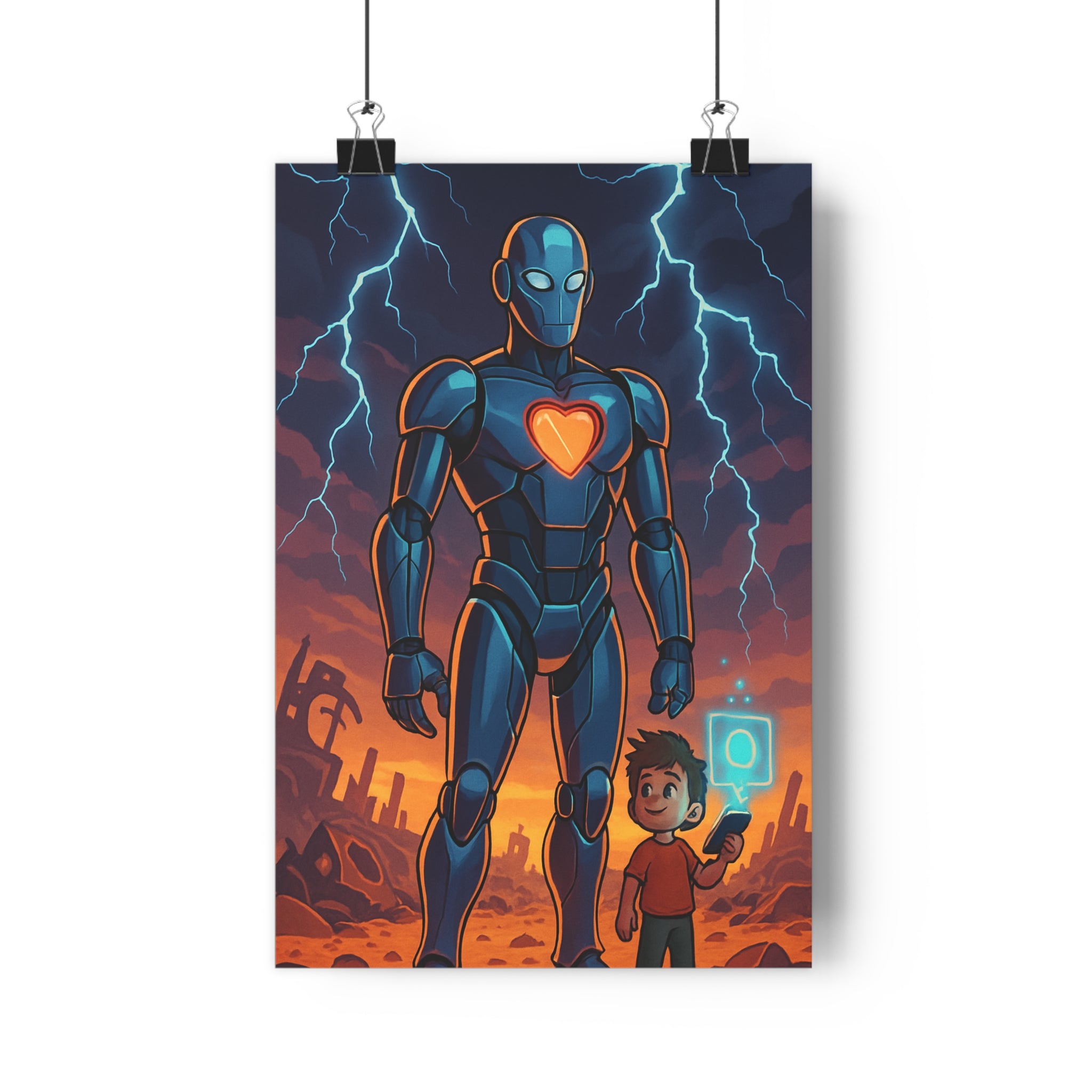Poster décoratif sciencefiction bleu métallique orageux chambre enfant aventure robot futuriste ambiance lumineuse qualité