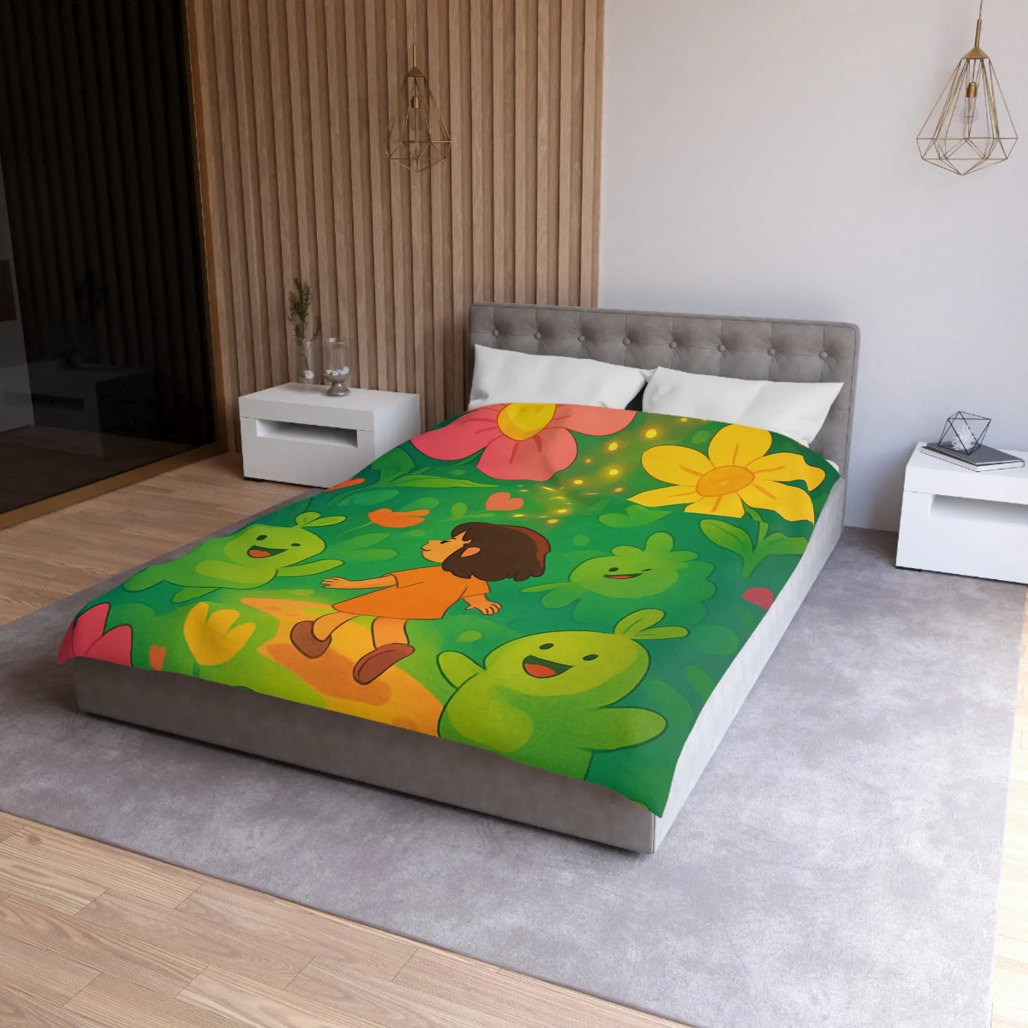 Housse de couette enfant avec fleurs colorées et créatures joyeuses dans forêt magique