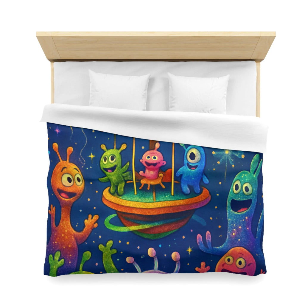 Housse de couette aux créatures extraterrestres colorées sous feux d'artifice et ballons colorés