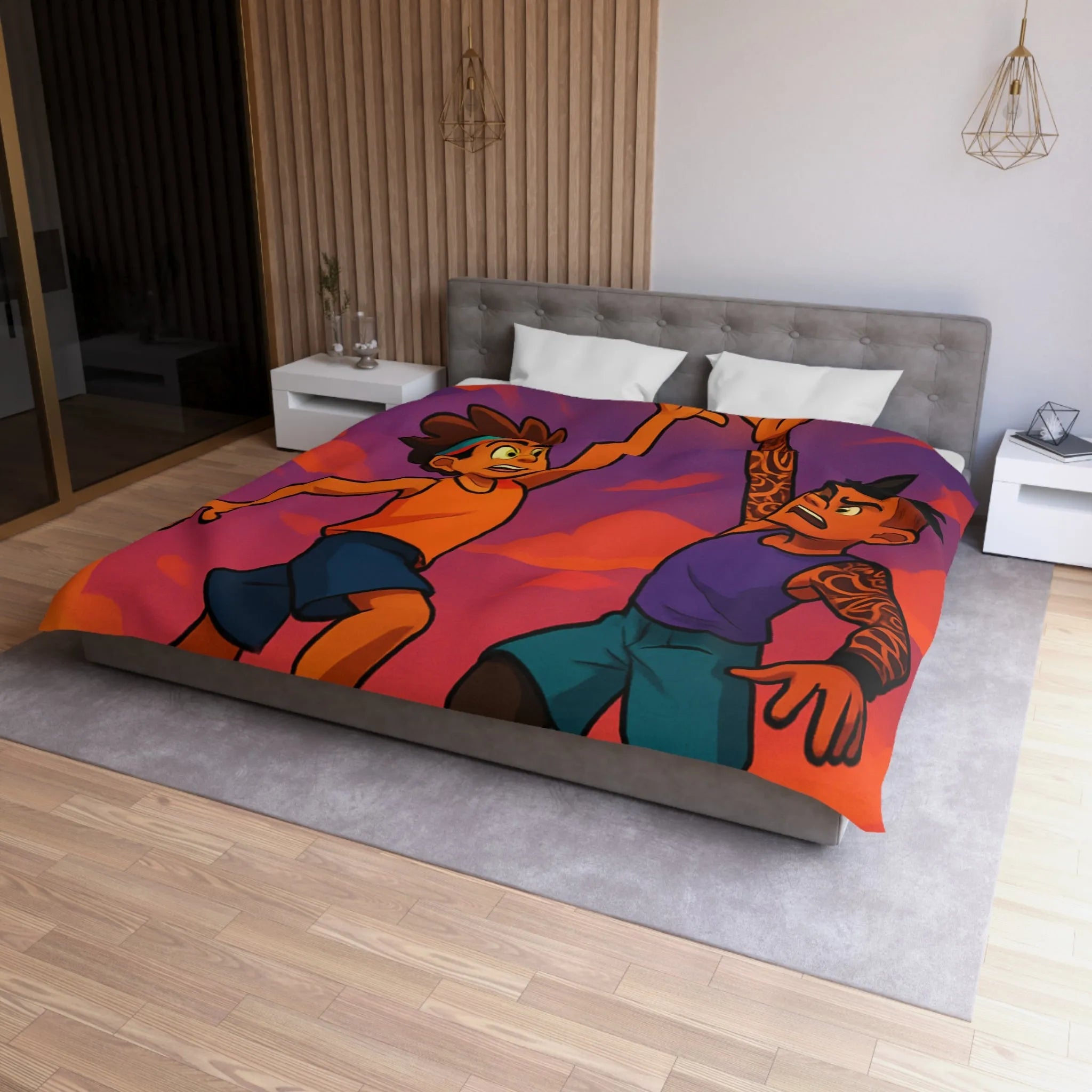 Housse de couette basketball, style dessin animé, coucher de soleil dynamique énergique