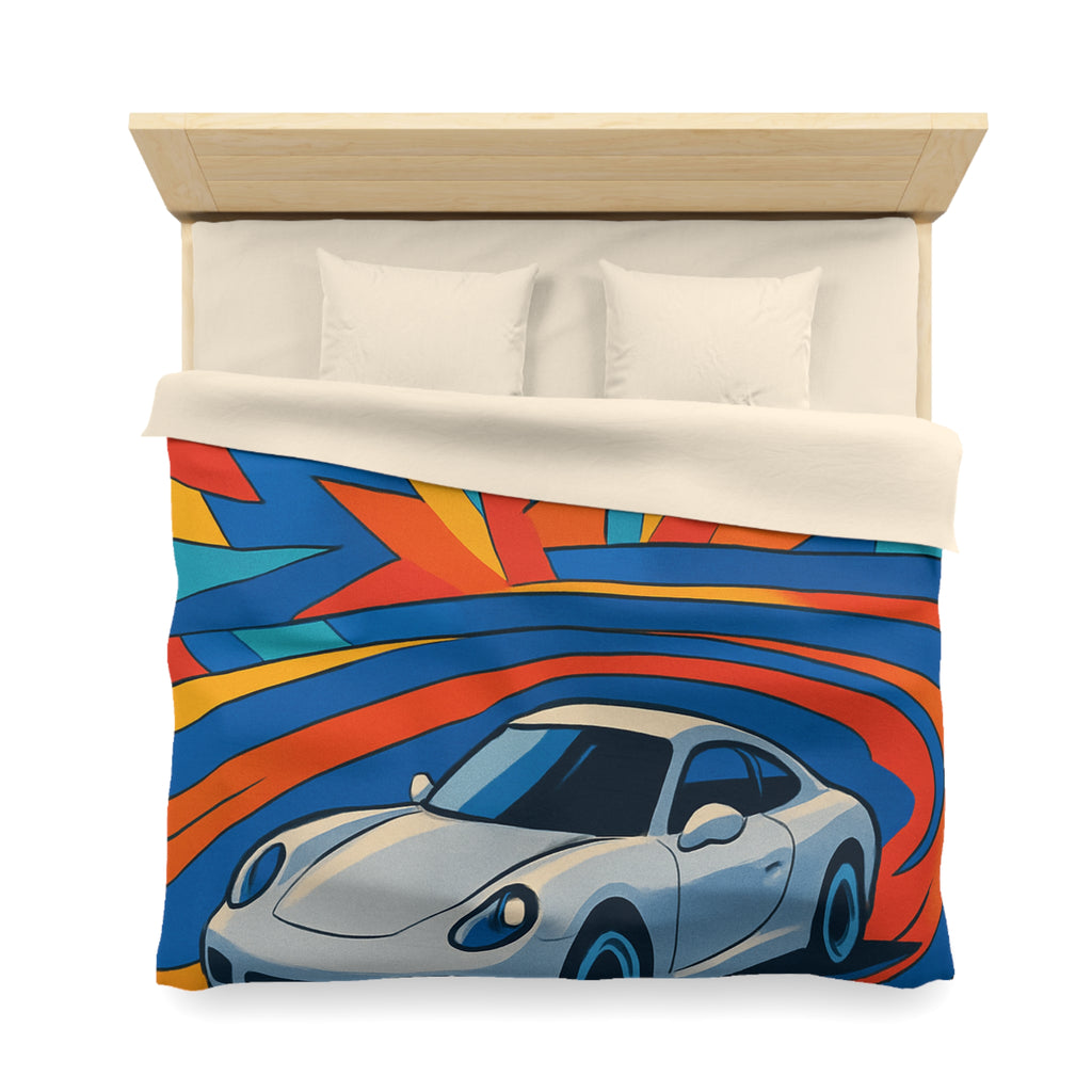 Housse de couette voiture sportive dynamique avec explosion de couleurs vives et éclatantes