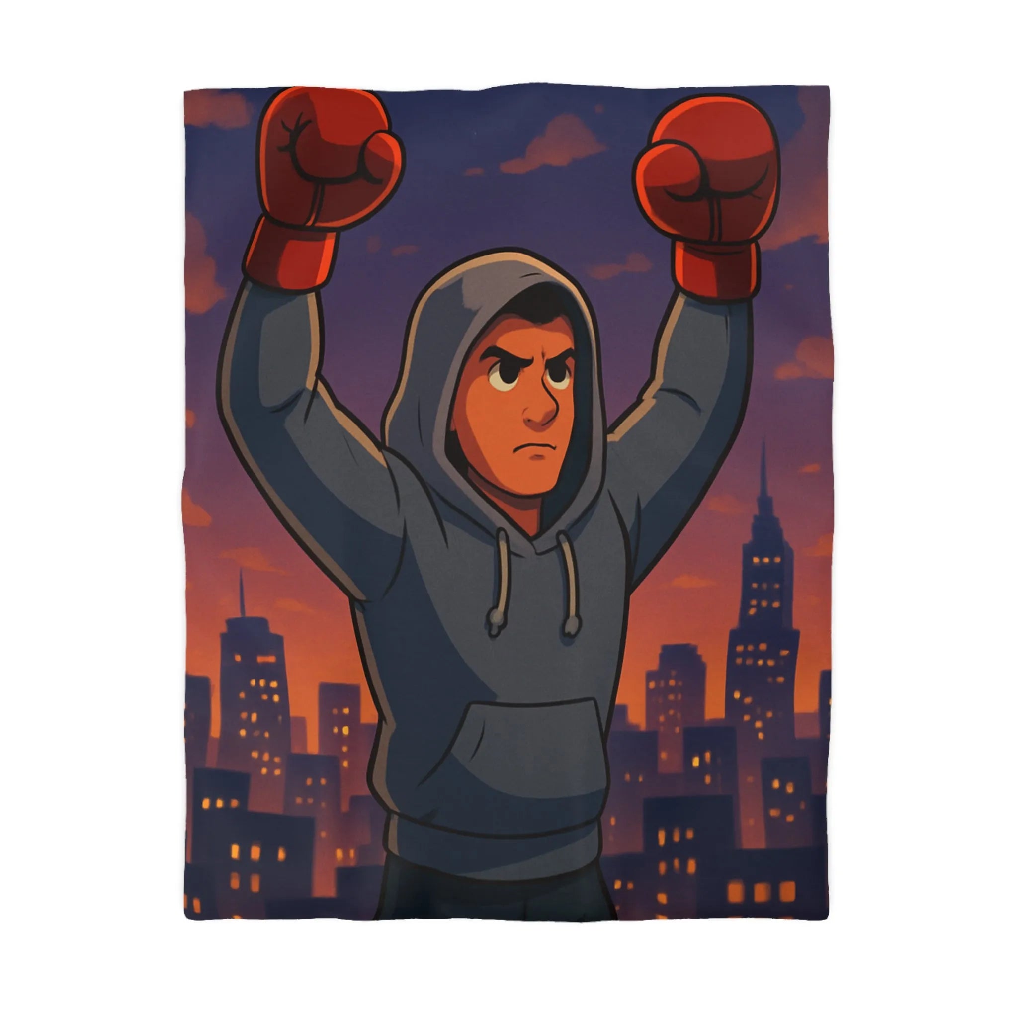 Housse de couette avec boxeur déterminé sous ciel de crépuscule en ville