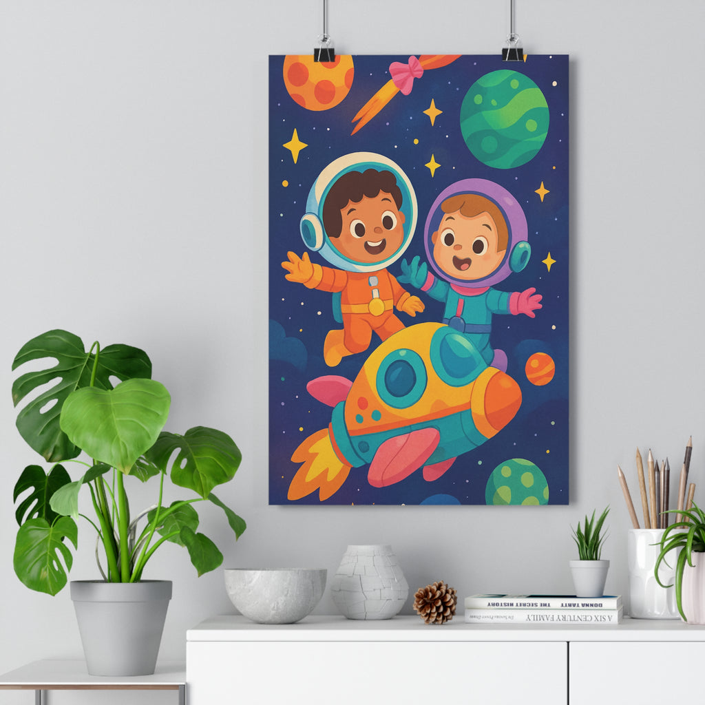 Poster décoratif enfants aventure spatial néon pastel chambre joyeux interstellaire cartoon planètes 30x46 cm