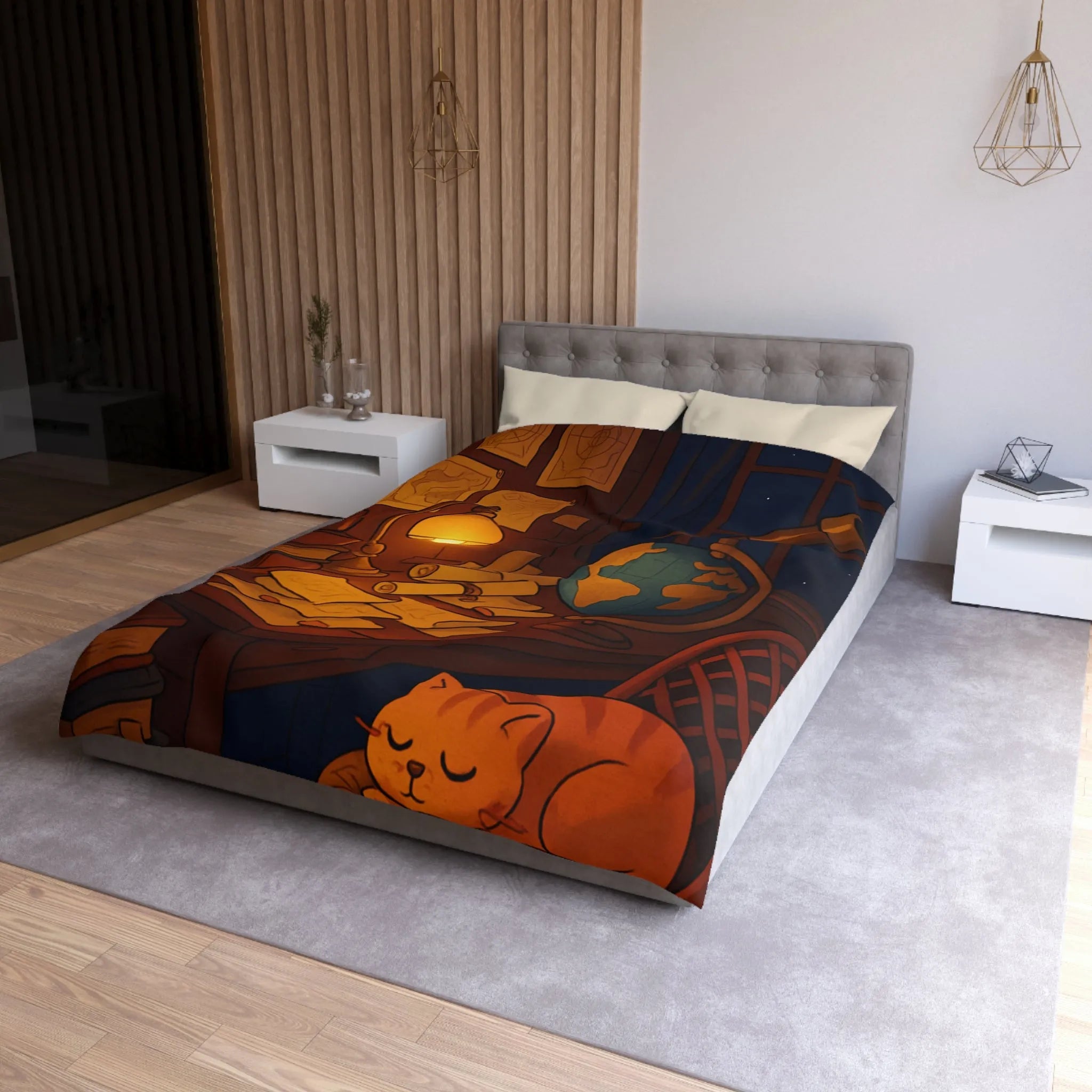 Housse de Couette Astronomie Vintage avec Chat et Globe Terrestre pour Chambre Apaisante