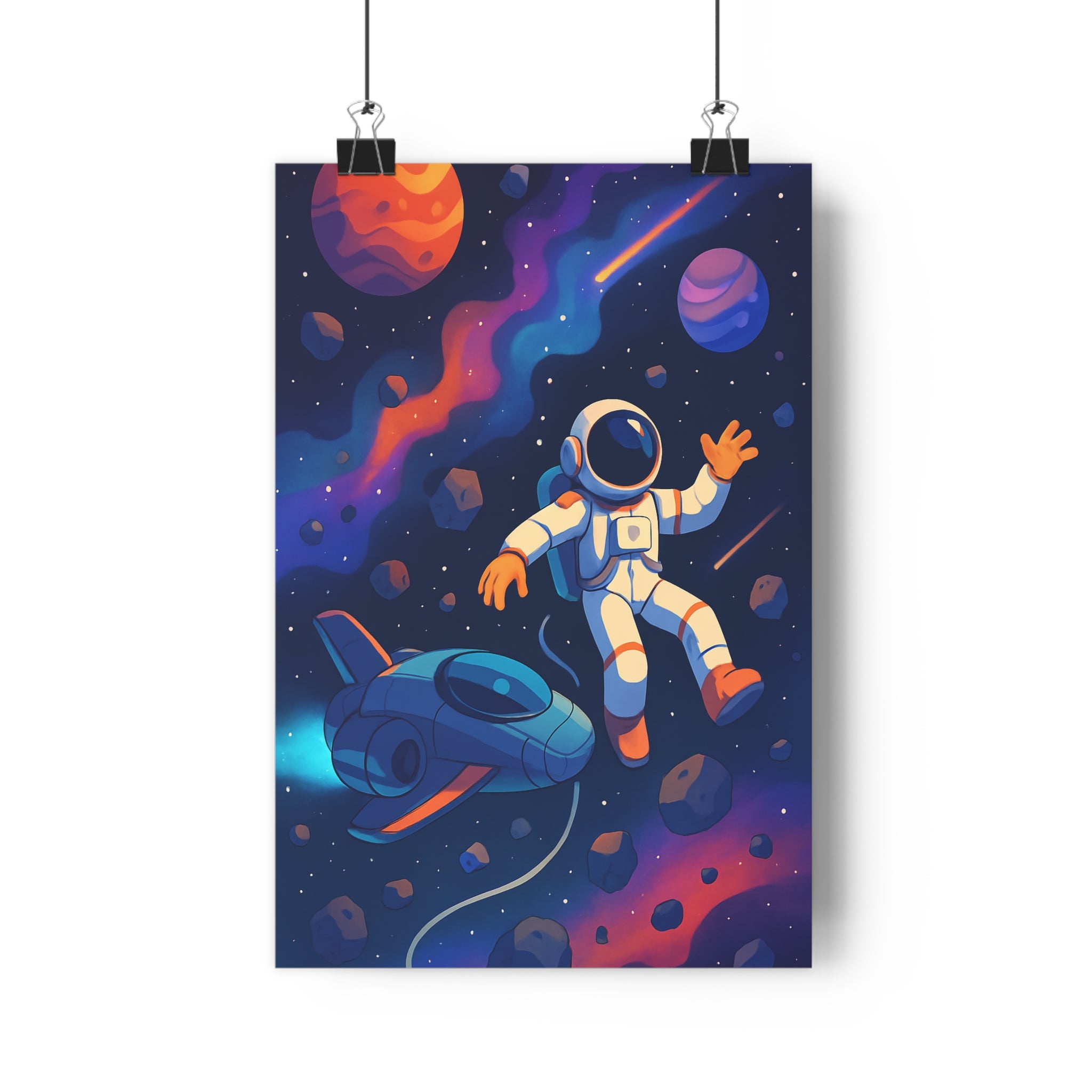 Poster décoratif aventure galactique couleurs vives bleu violet orange cartoon ludique enfant chambre astronaute