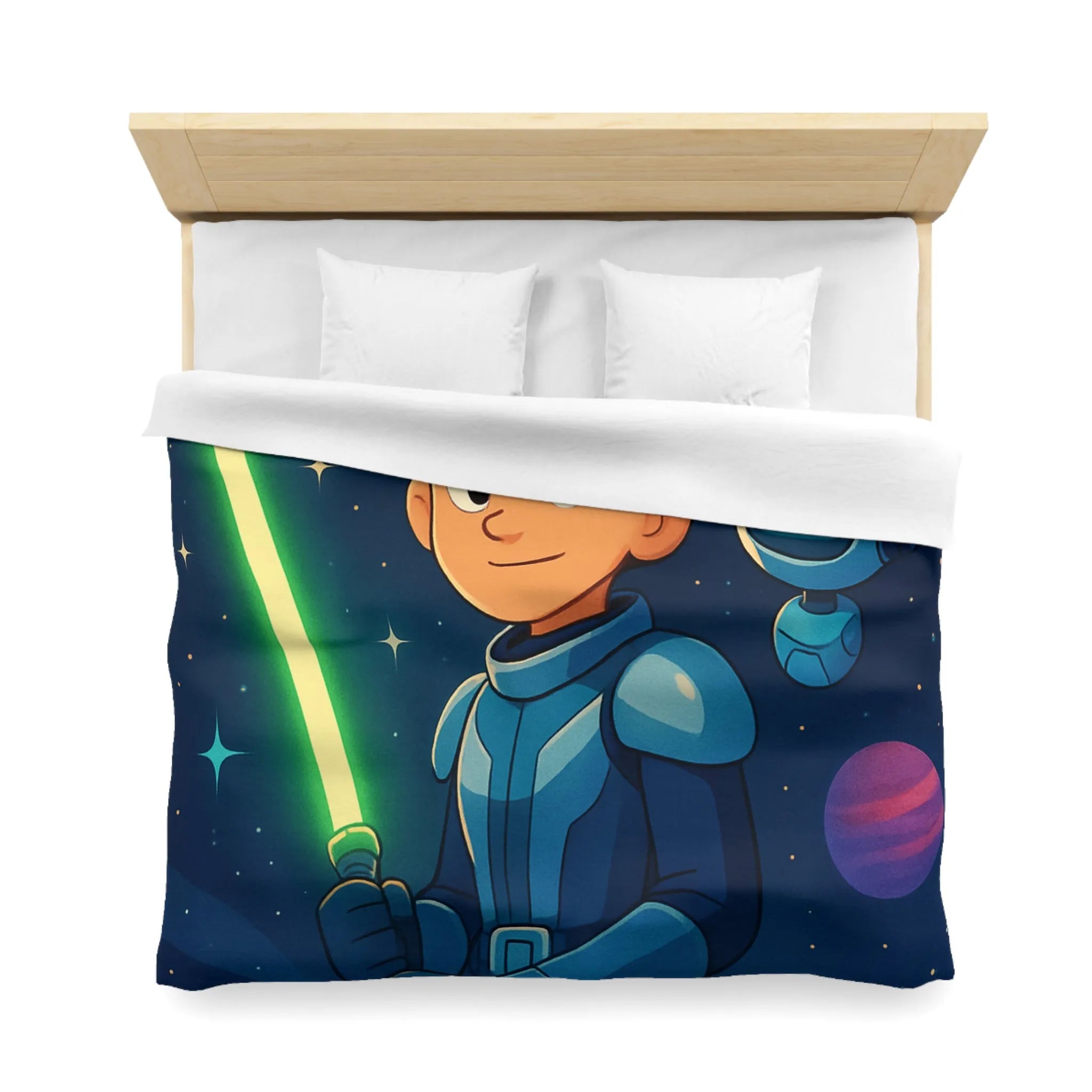 Housse de couette galactique avec enfant et robot, étoiles scintillantes et planètes colorées