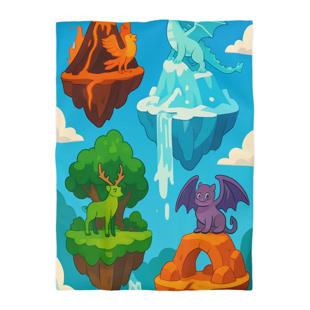 Housse de couette fantasy avec îles flottantes et créatures magiques colorées