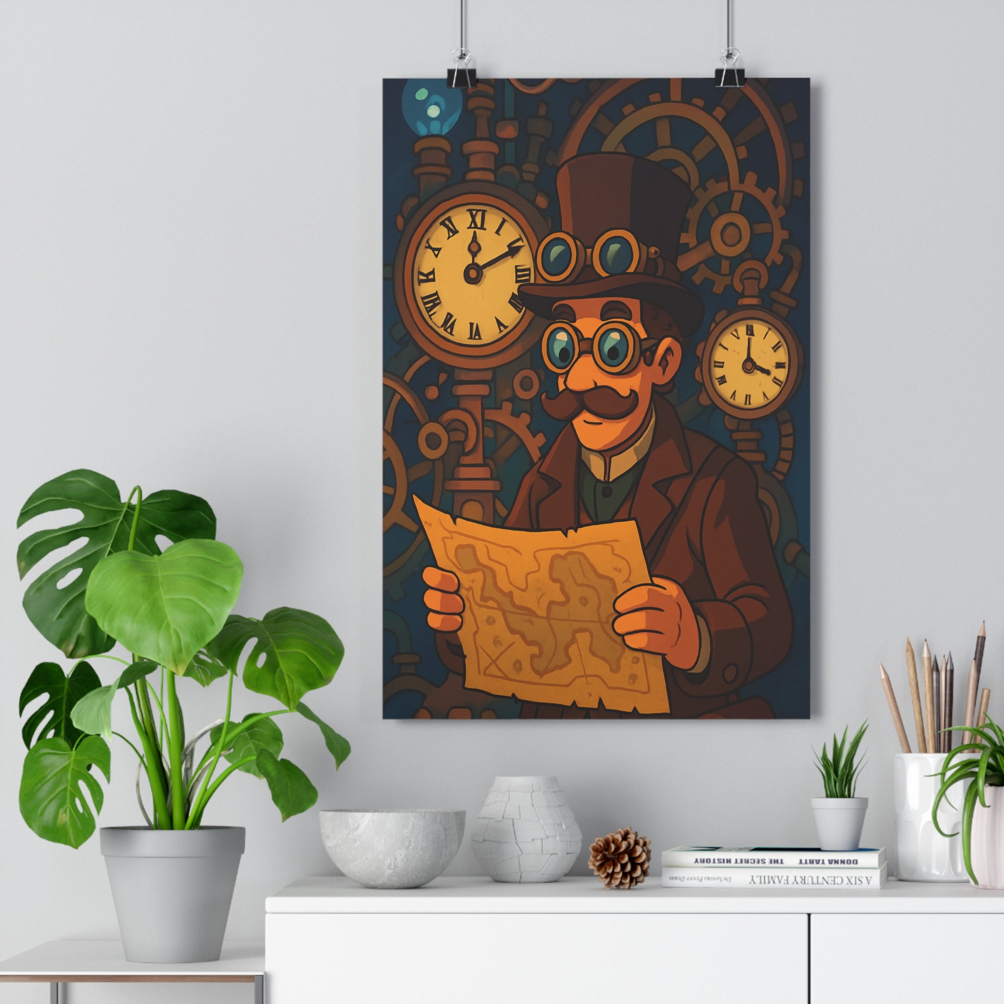 Poster décoratif steampunk aventure homme moustachu lunettes horloges mécanique bureau vintage couleurs chaudes qualité