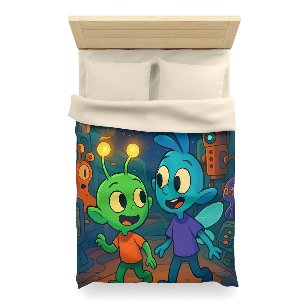 Housse de couette enfant extraterrestre bleu et vert dans vaisseau spatial coloré amusant