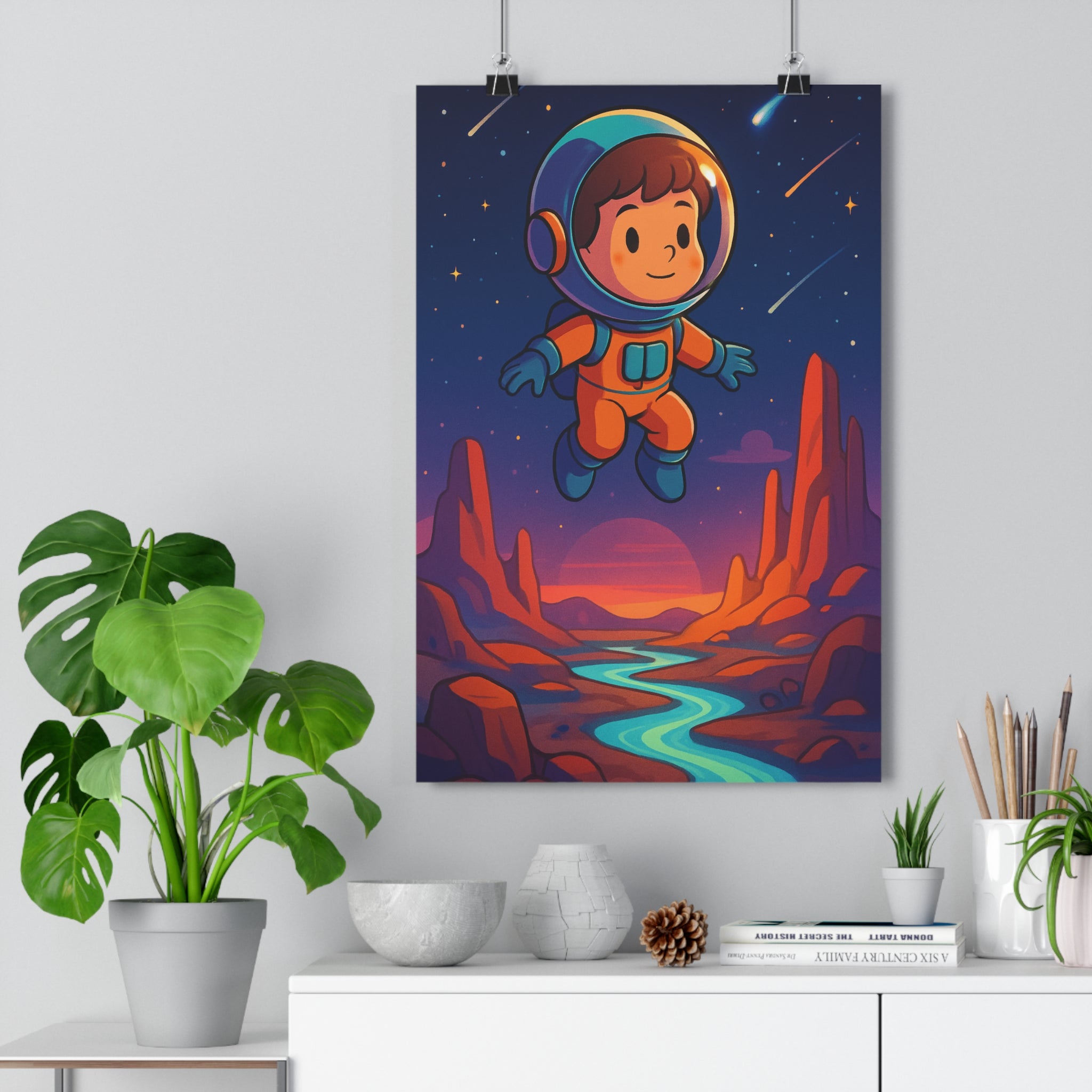 Poster décoratif astronaute cartoon bleu orange rêveur enfant chambre exploration espace paysage montagne étoilé