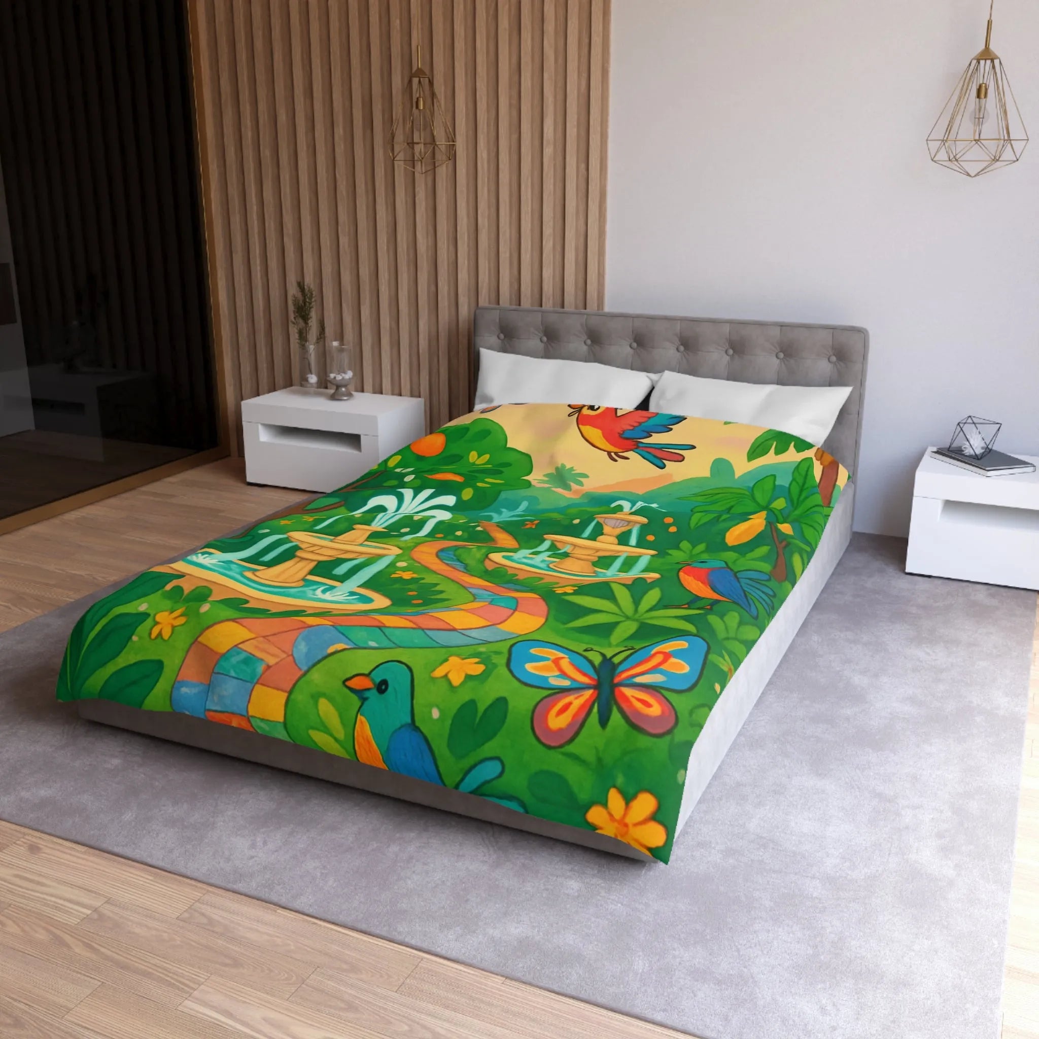 Housse de couette colorée avec oiseaux et fontaines dans jardin tropical vibrant