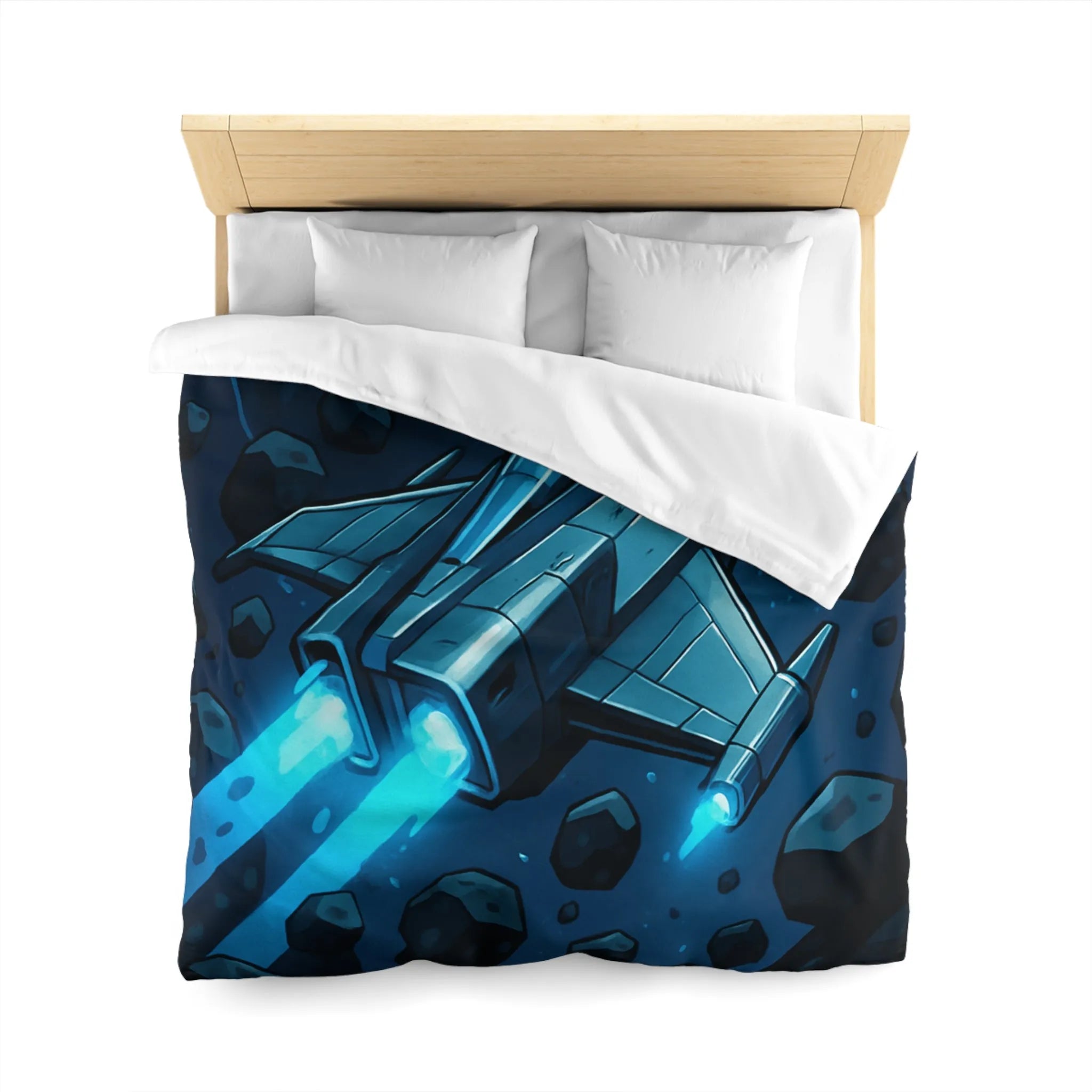 Housse de couette imprimée vaisseau spatial bleu voyageant à travers un champ d'astéroïdes