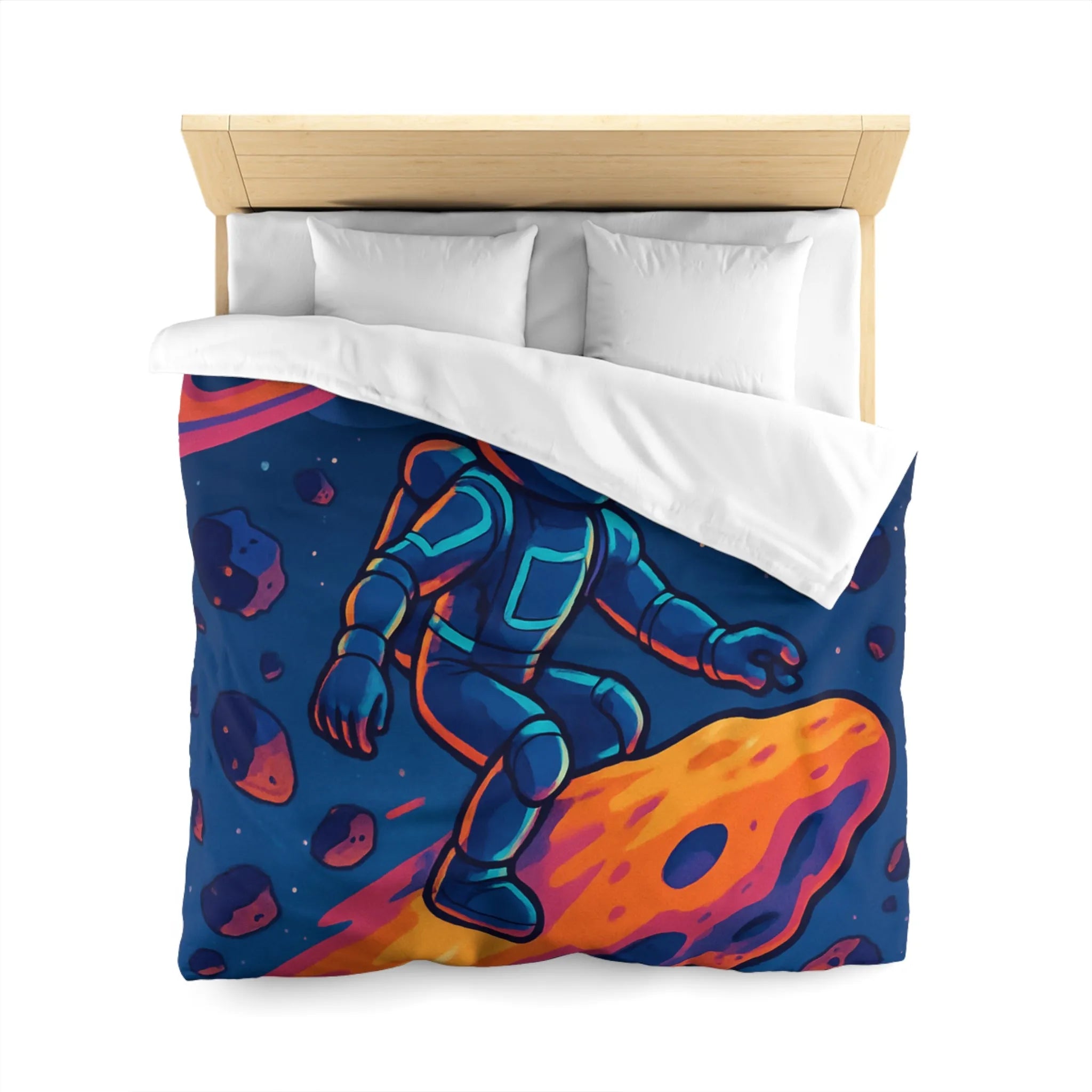 Aventure spatiale colorée avec astronaute sur météore, planète anneau et vaisseaux futuristes