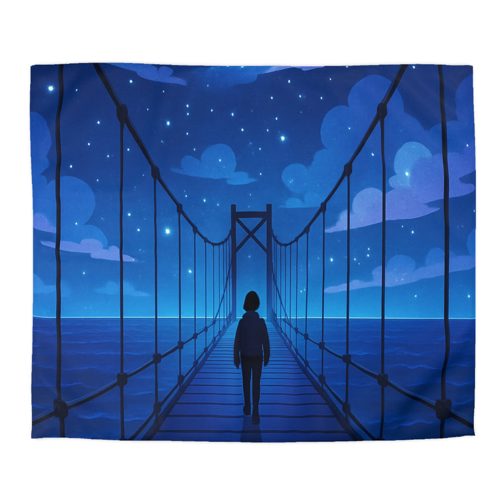 Housse de couette pont étoilé avec silhouette sous ciel nocturne bleu profond