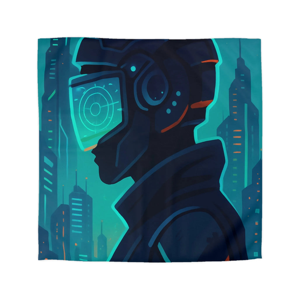 Housse de couette futuriste avec casque de réalité virtuelle et gratte-ciels lumineux