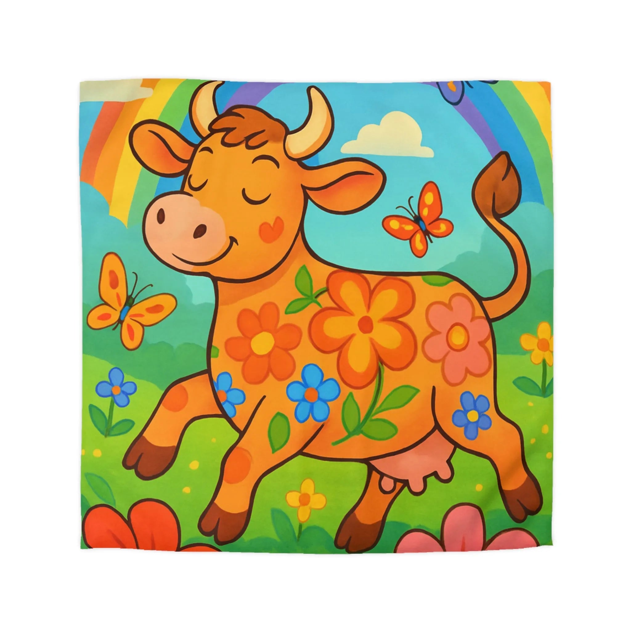 Housse de Couette Enfant Joyeuse Vache Orange Sous Arc-en-Ciel et Papillons Colorés