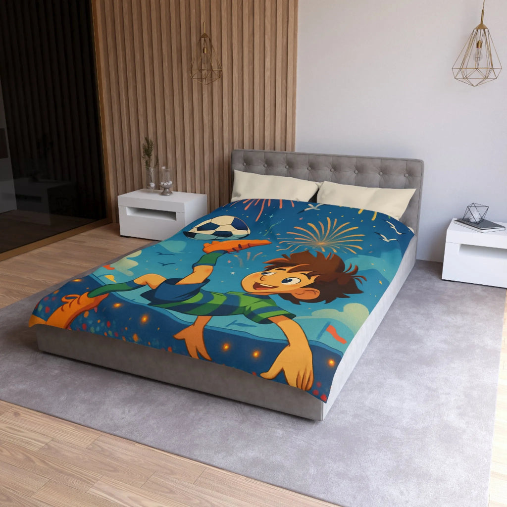 Housse de Couette Enfant Festive avec Football et Feux d'Artifice Multicolores Animés