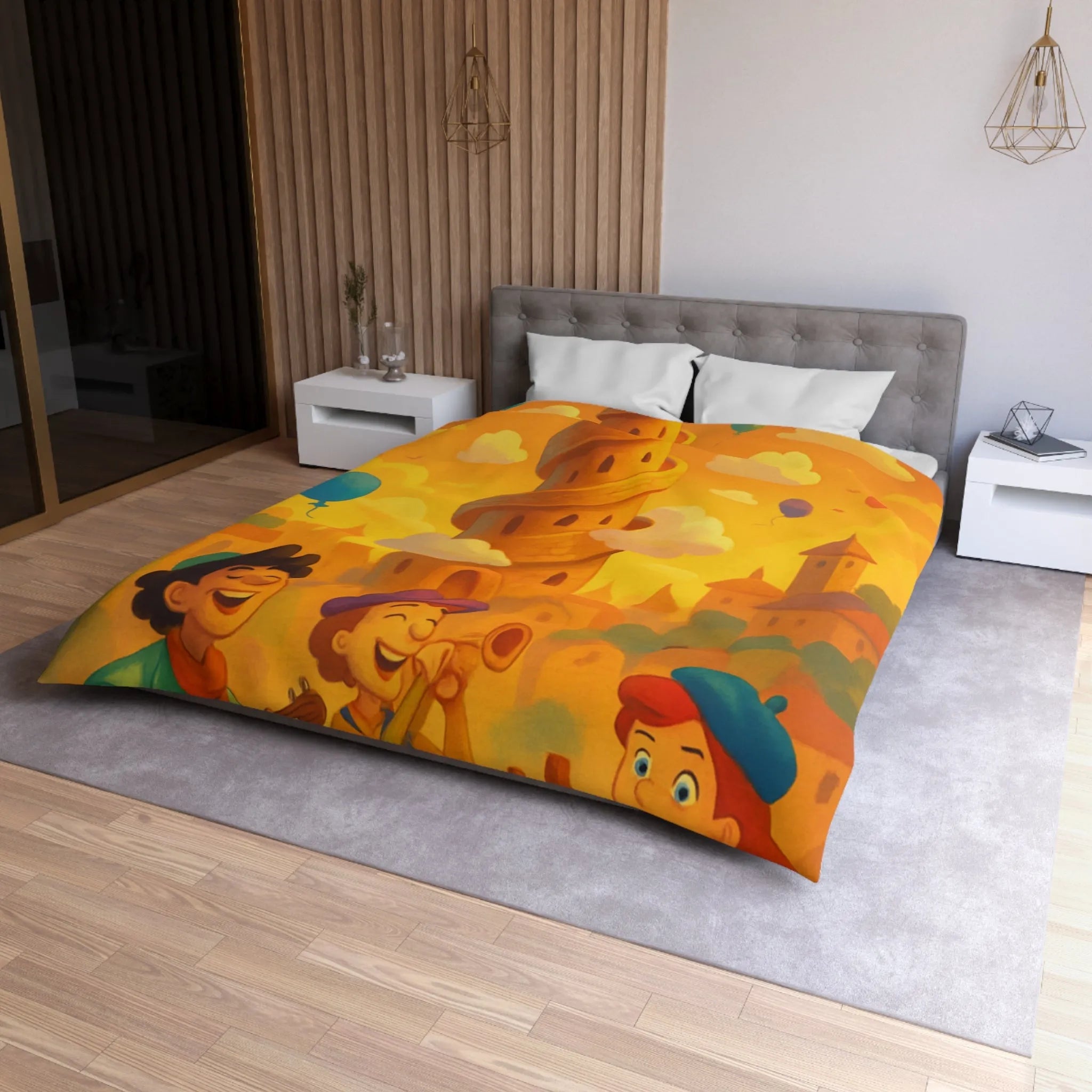 Housse de couette colorée imprimée d'une scène joyeuse avec tours et ballons pastel