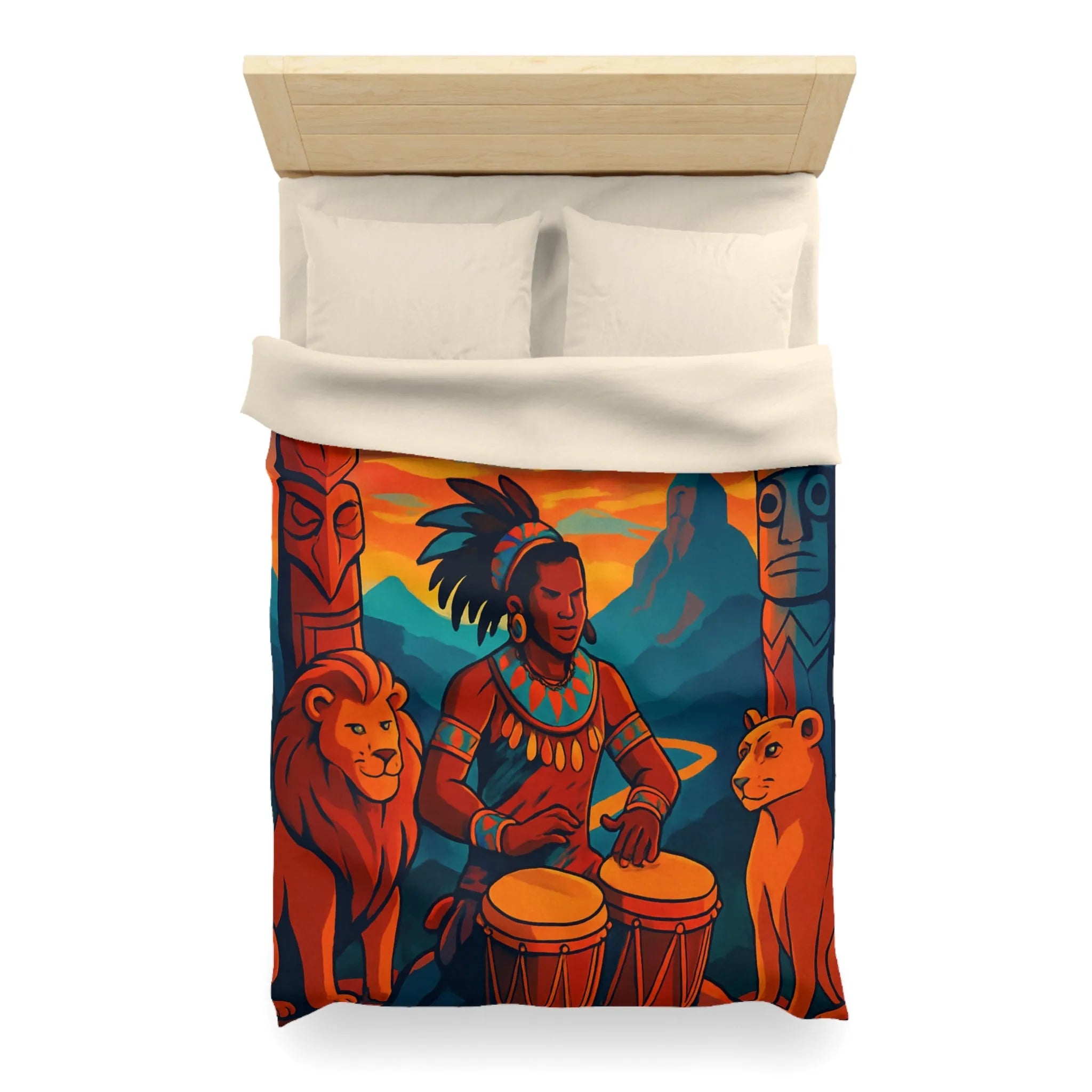 Housse de couette exotique avec musicien, tambours et totems en ambiance chaleureuse