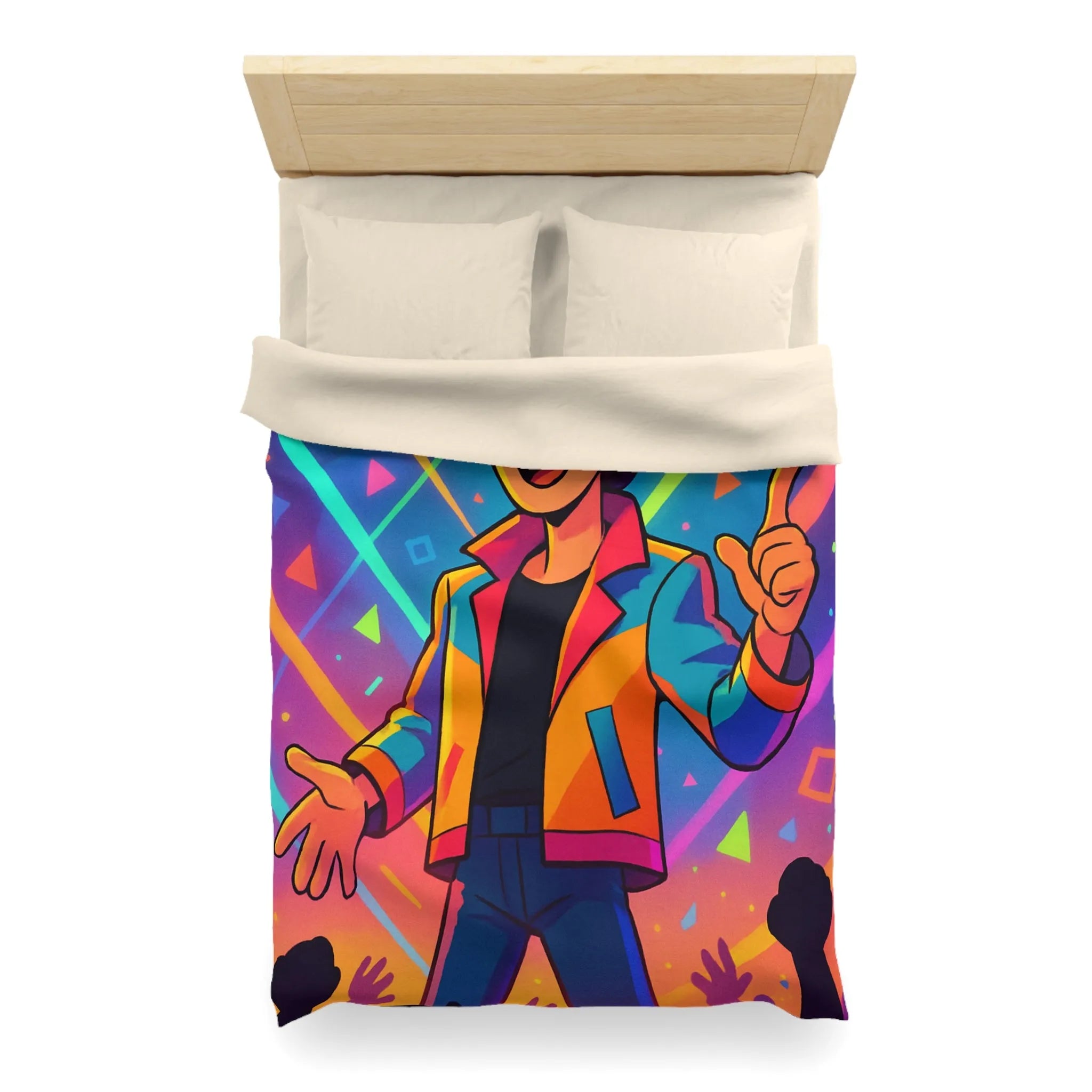 Housse de couette colorée avec personnage animé, haute énergie, motifs géométriques vibrants