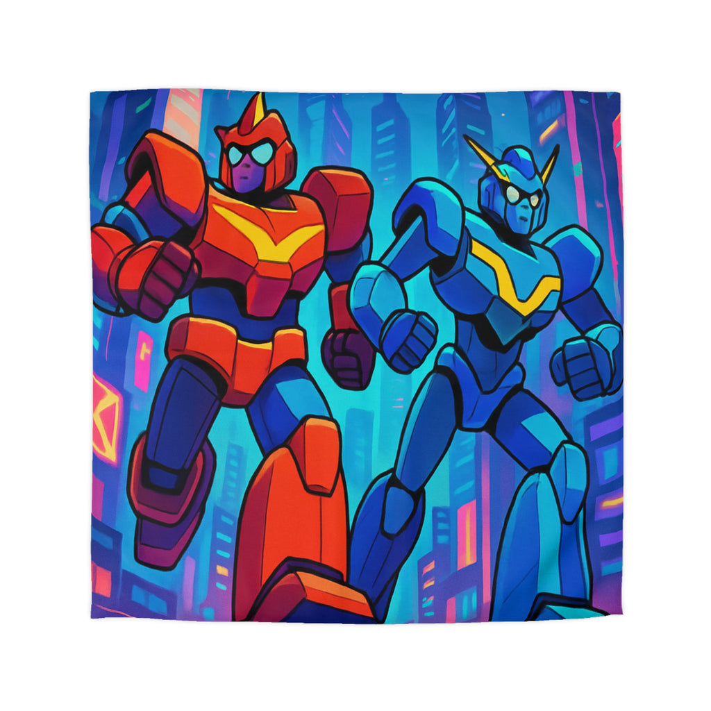 Housse de couette robot futuriste colorée, style rétro avec ambiance urbaine dynamique