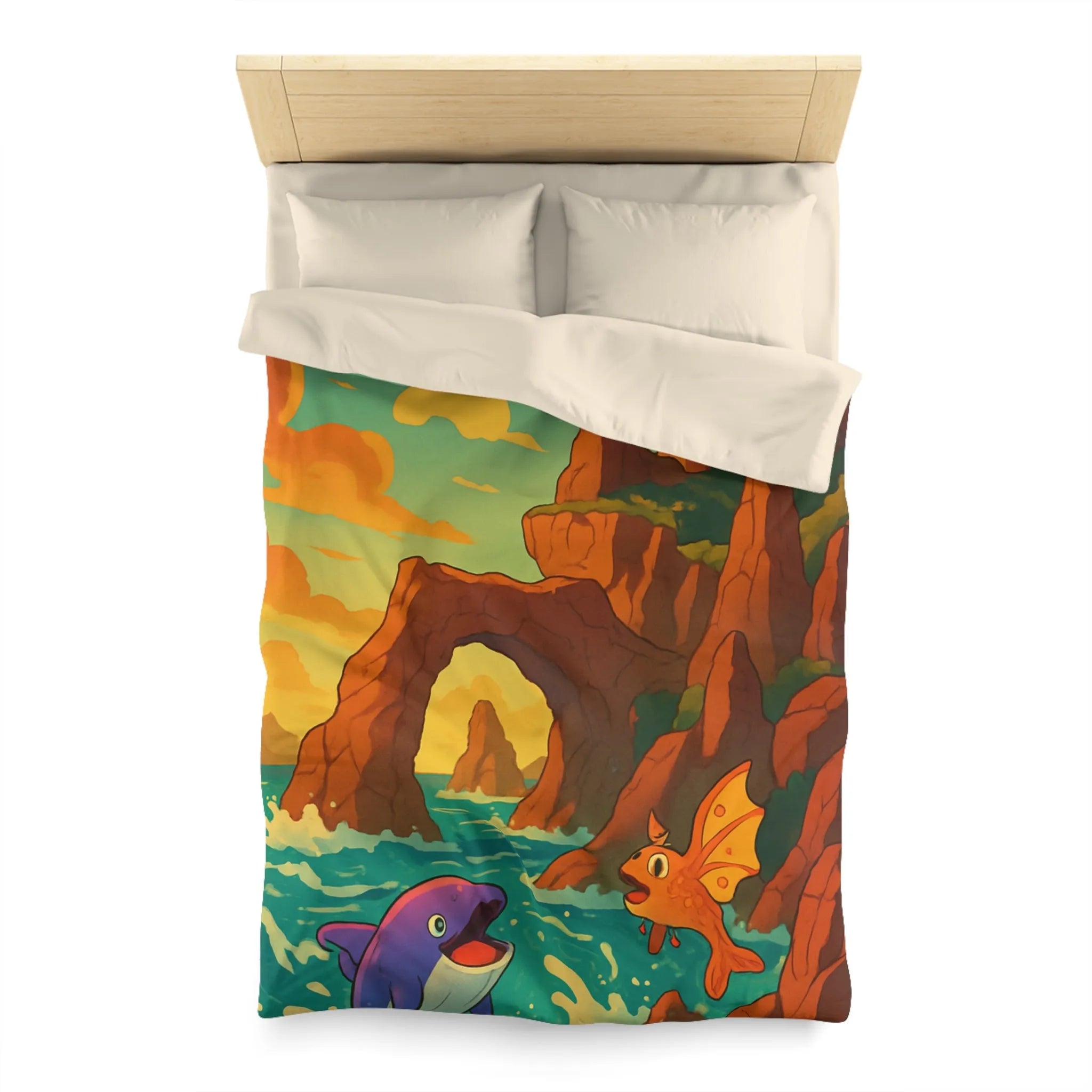 Fantastique peinture de poissons et dauphin avec phare sur fond de mer colorée