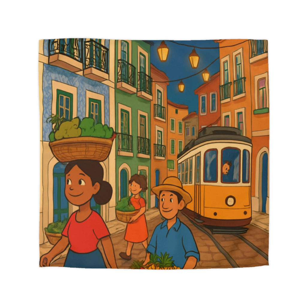 Housse de Couette Colorée Illustrant Scène Vibrante de Rue avec Tramway et Marché