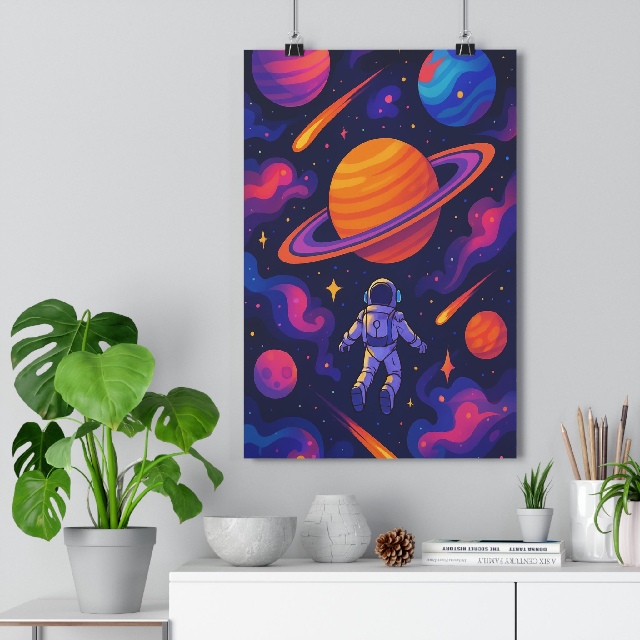 Poster décoratif cartoon astronaute espace bleu orange rose aventure chambre salon enfant vibrant moderne
