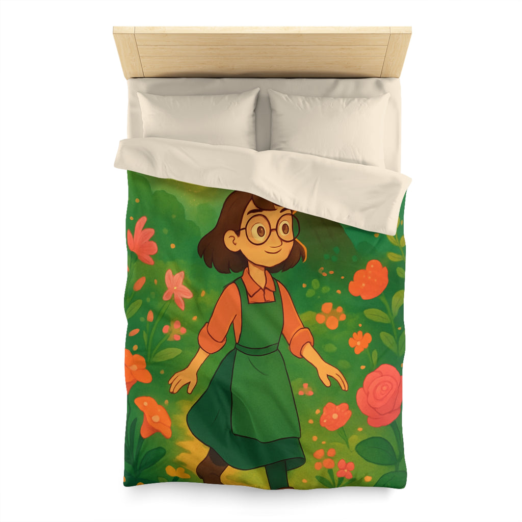 Housse de Couette Motif Pastoral Fille Promenade Fleurie Arbre Lumières Magie Enchantée