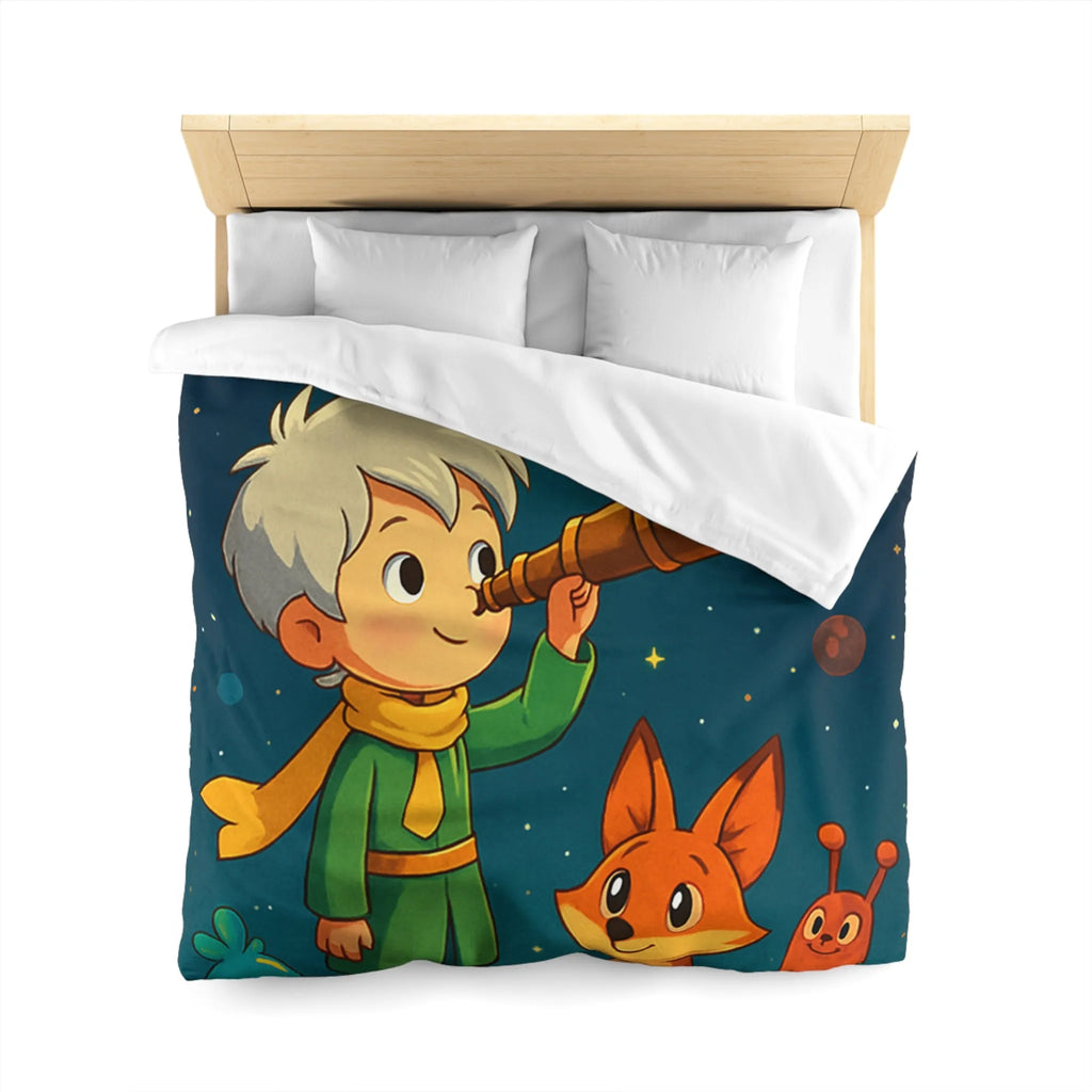 Housse de couette enfant rêveur observant les étoiles avec télescope et animaux adorables