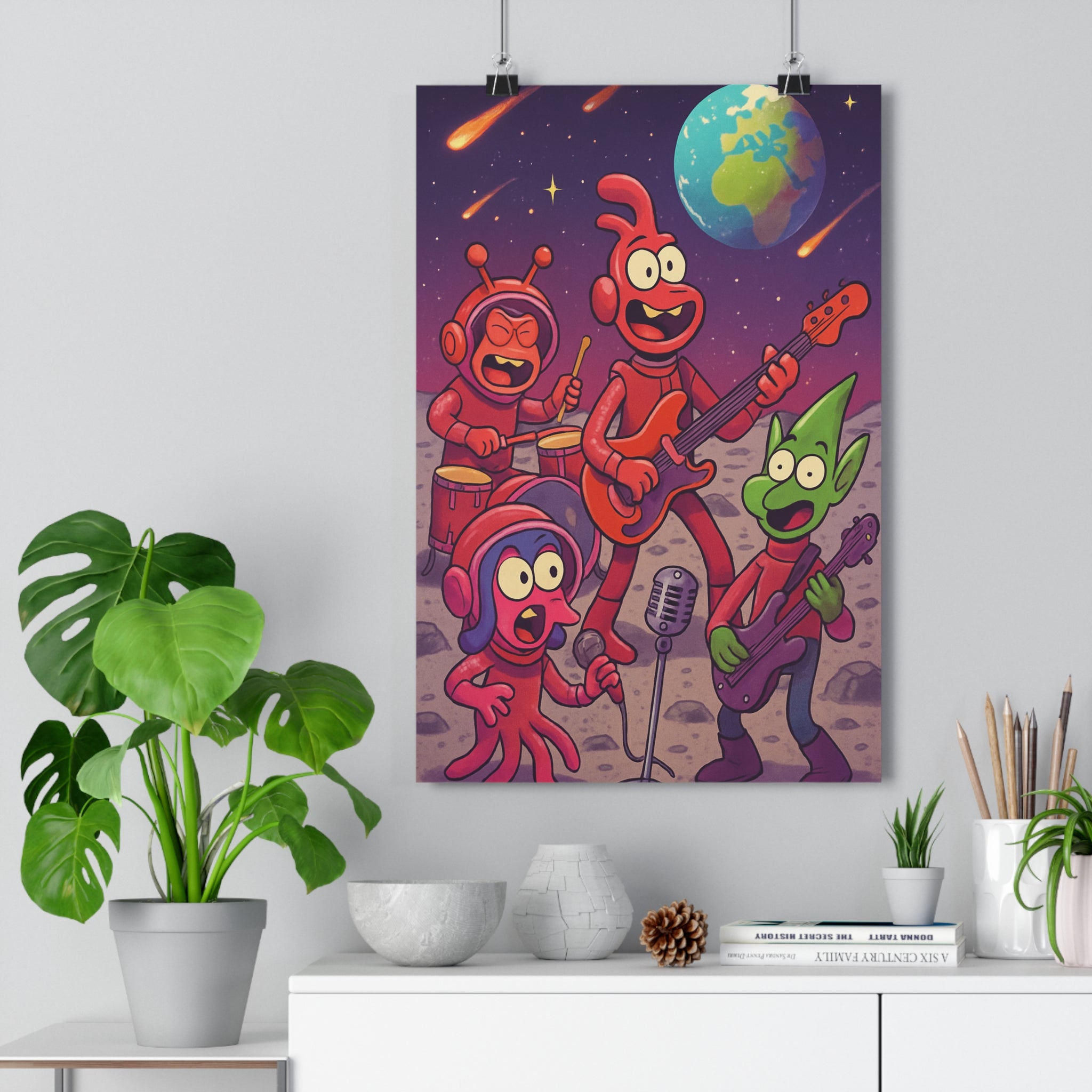 Poster décoratif cartoon psychédélique coloré extraterrestres espace musique chambre salon enfant moderne vibrant qualité