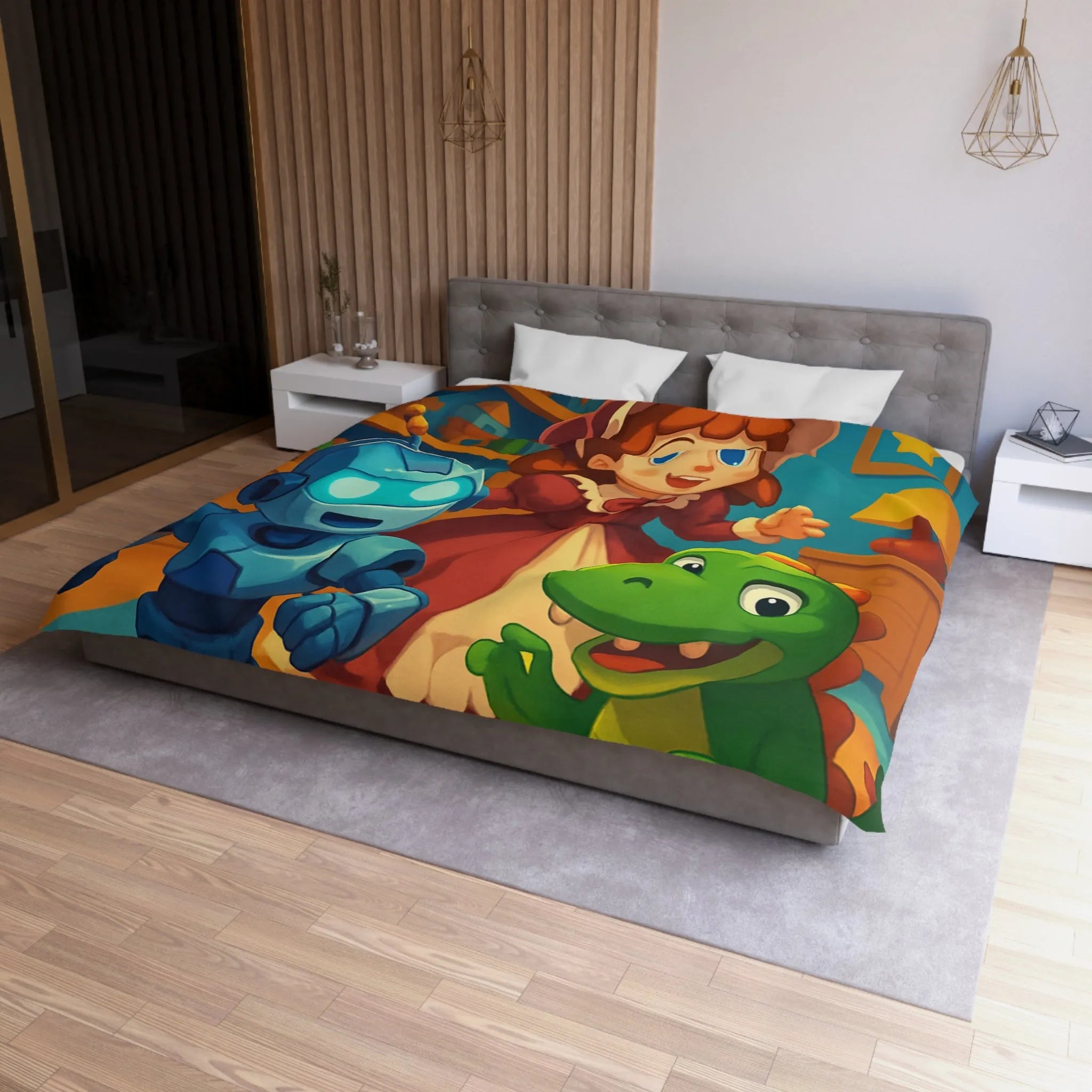 Housse de couette colorée avec robot, dinosaure et poupée en chambre enfantine