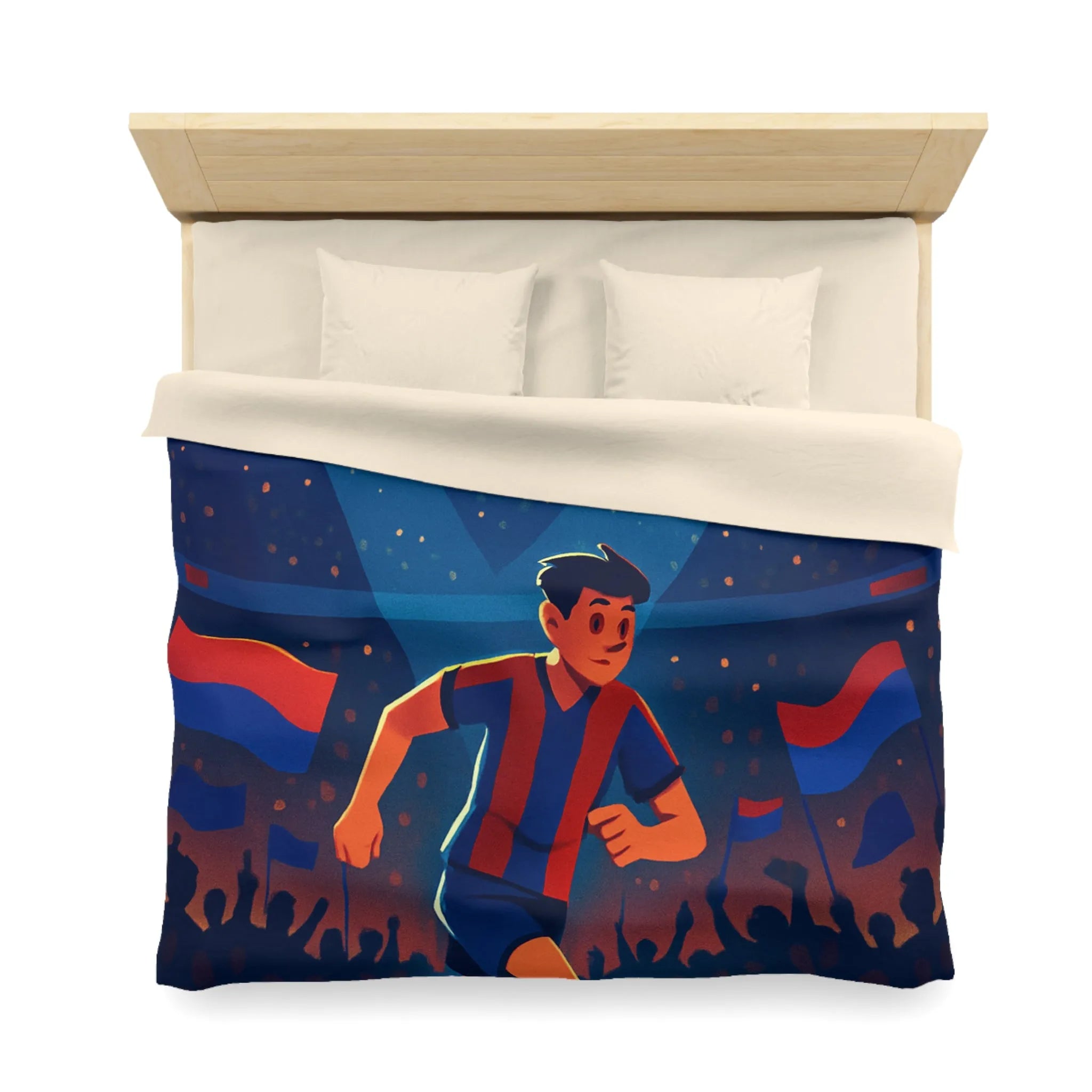 Housse de couette colorée illustrant un joueur de football vibrant sous les projecteurs nocturnes