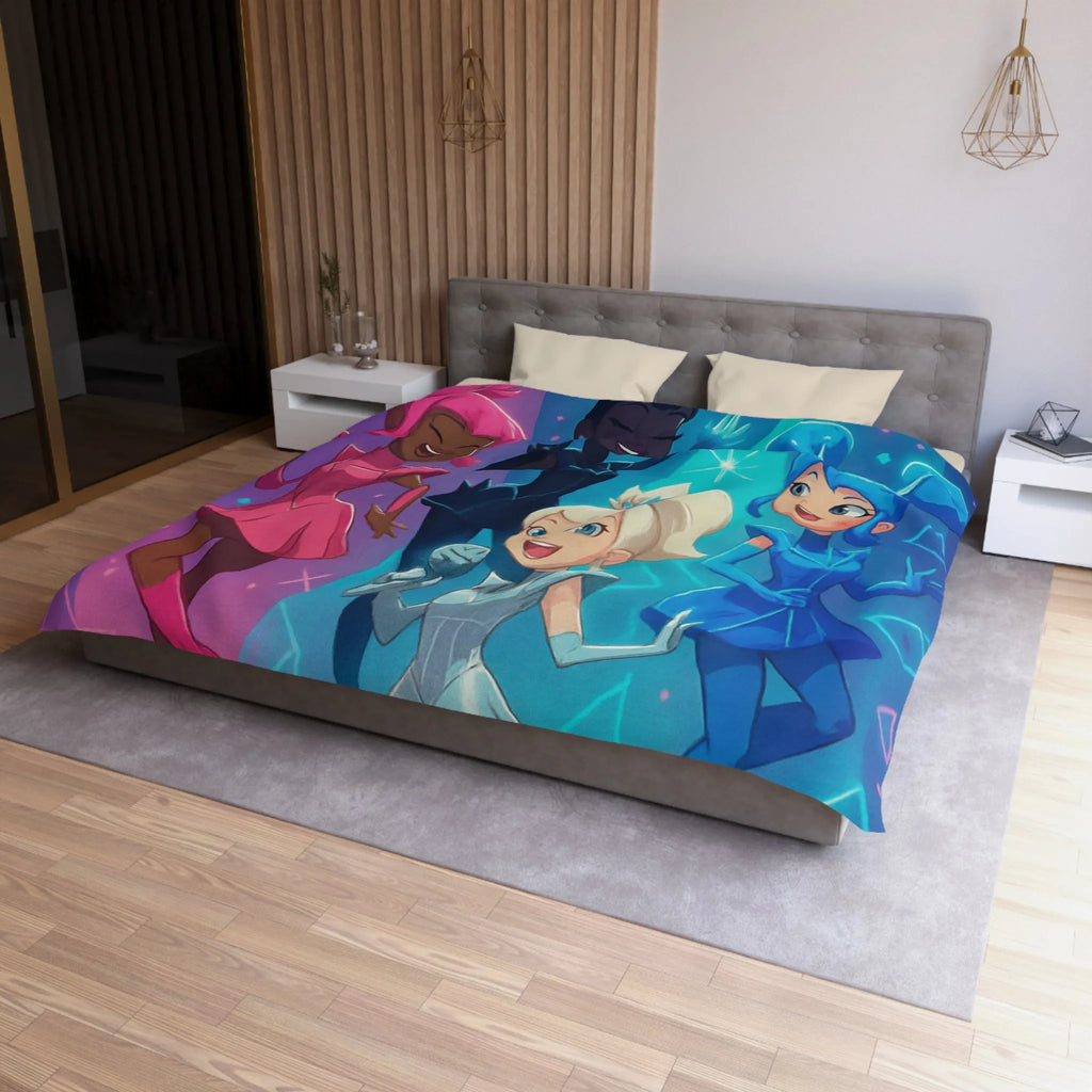 Housse de couette colorée avec personnages chantants et motifs géométriques lumineux