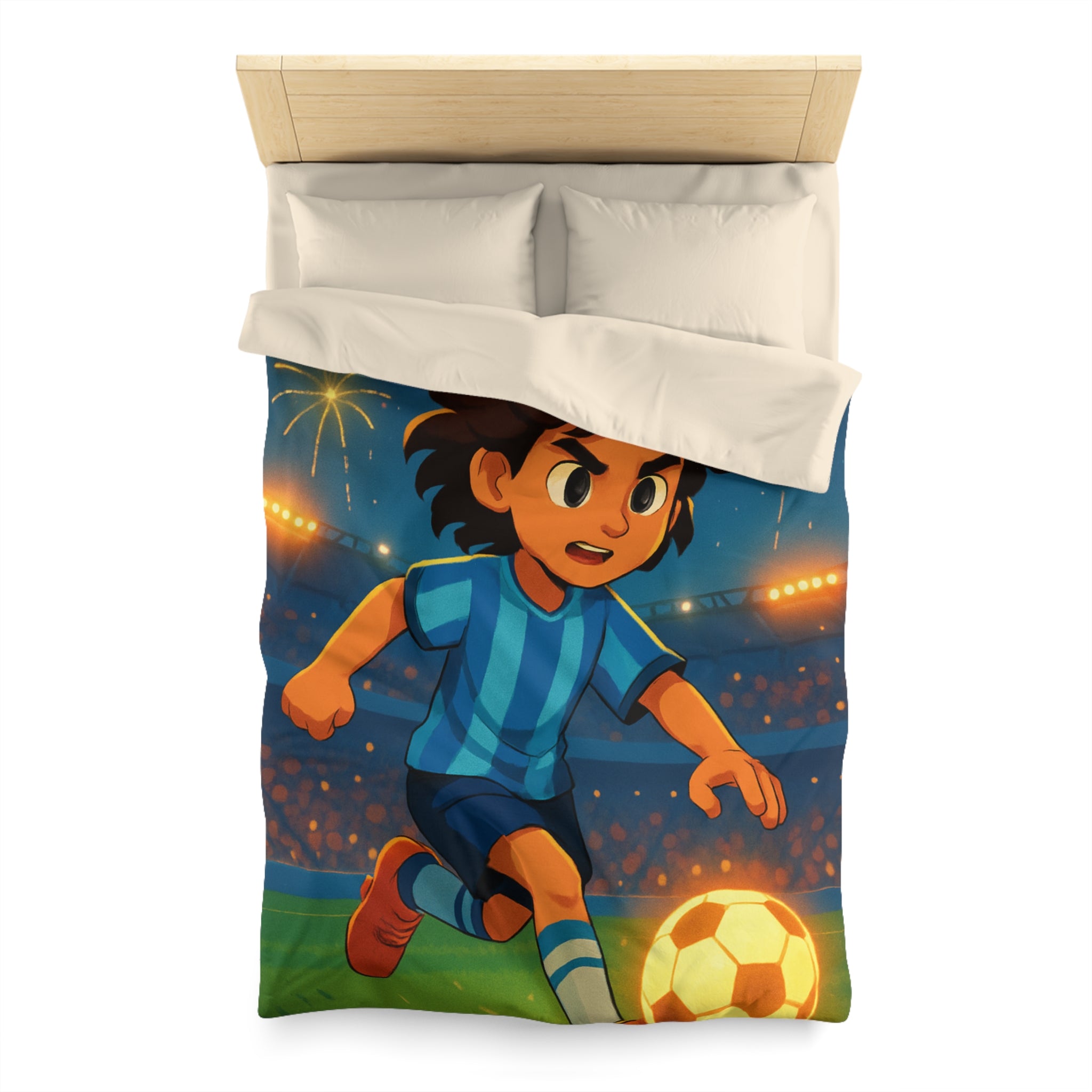 Housse de couette vibrante avec joueur de football animé et feux d'artifice
