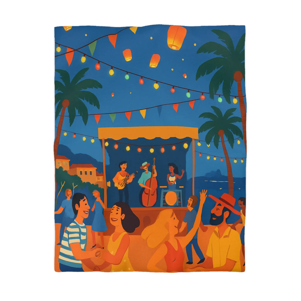 Housse de couette estivale scène festivale tropicale avec danseurs et lanternes lumineuses