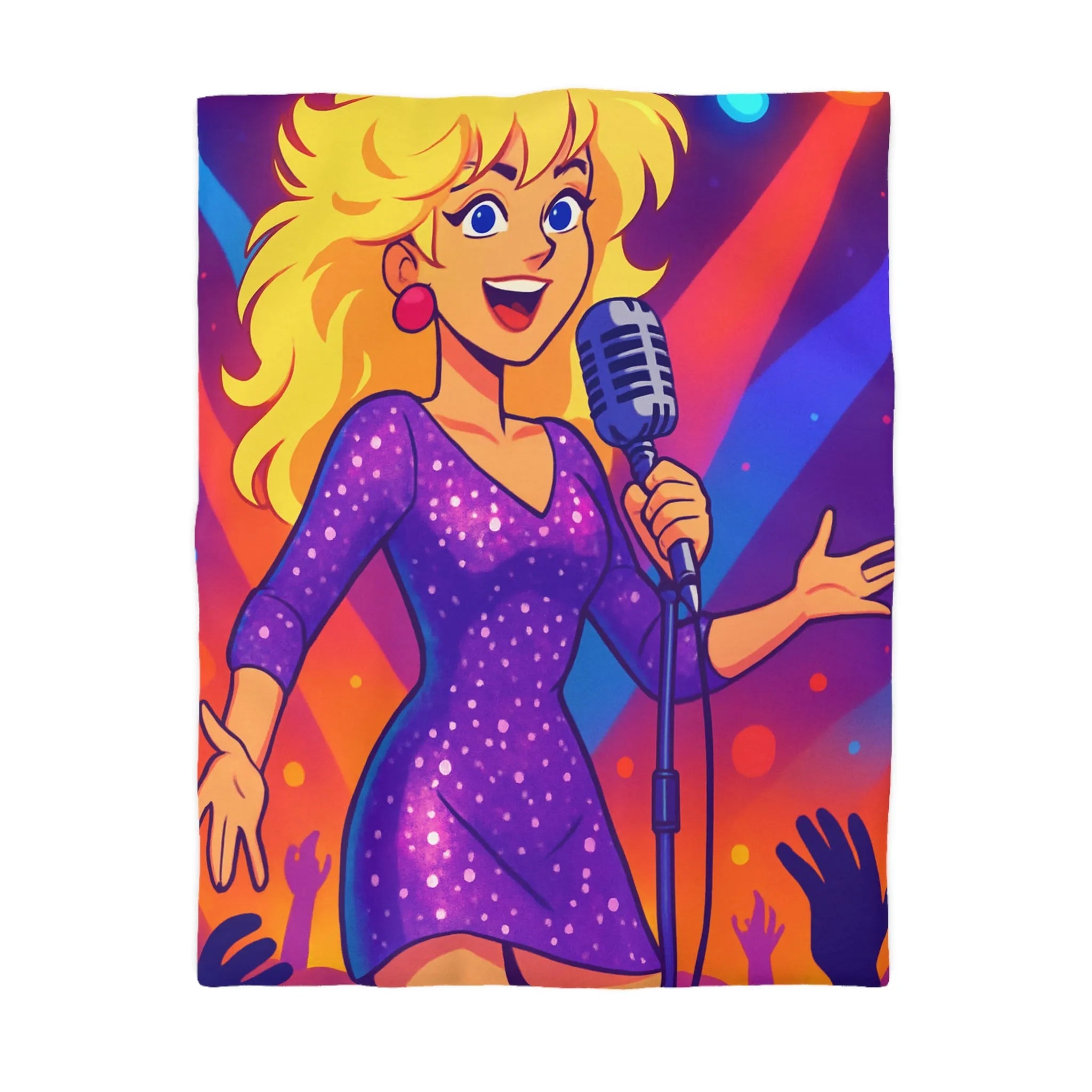 Housse de couette colorée avec chanteuse animée sous projecteurs en scène dynamique