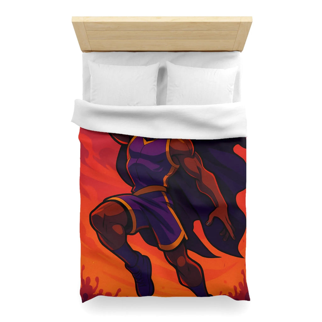 Housse de couette homme volant avec cape et ballon lumineux sur fond orange