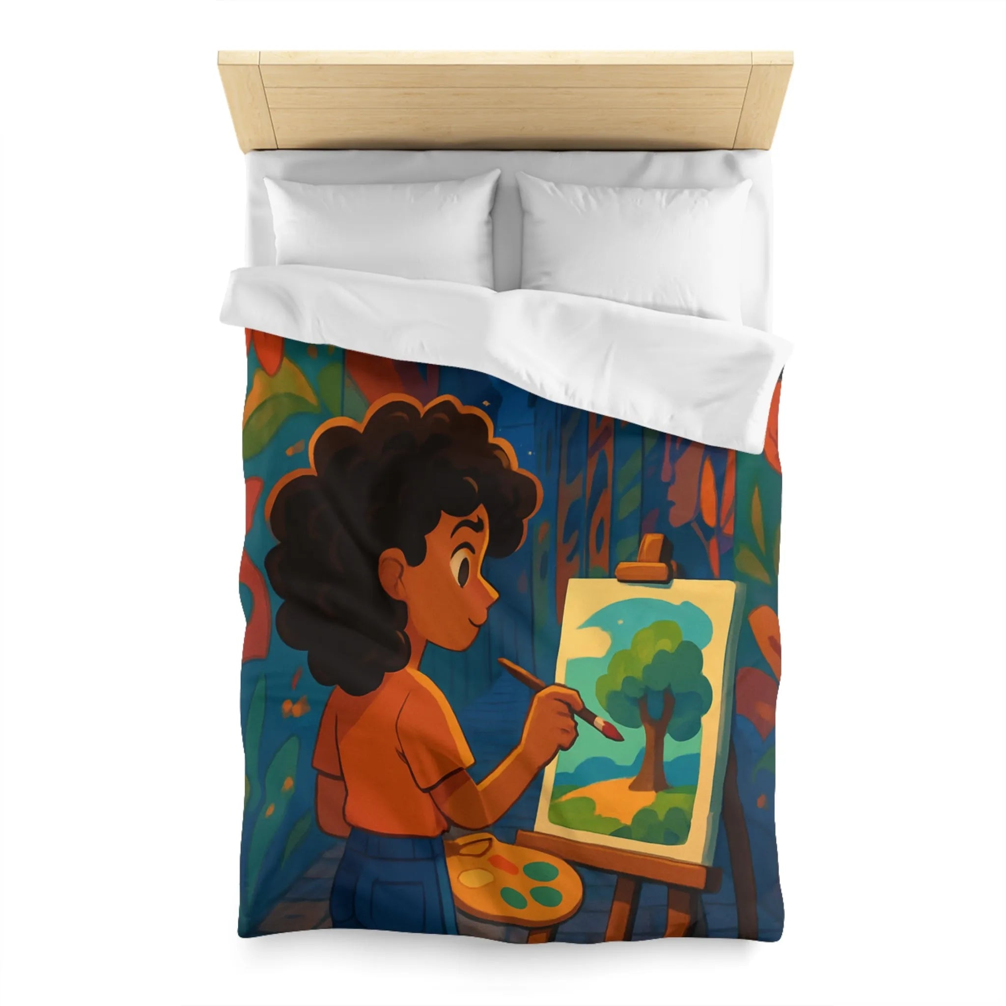 Housse de couette colorée illustrant une ruelle artistique avec peinture et lanterne