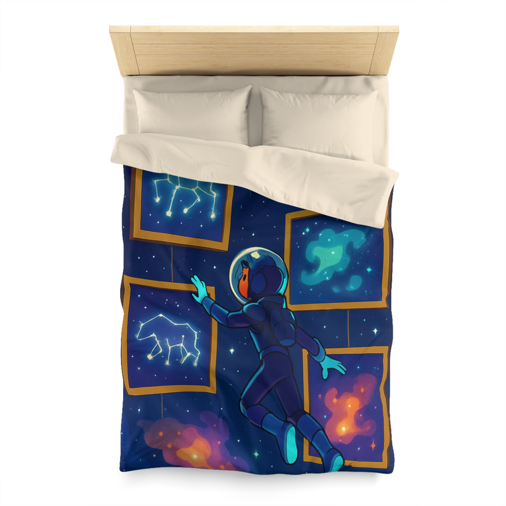 Housse de couette spatiale avec constellations lumineuses et astronaute explorant des galaxies mystérieuses