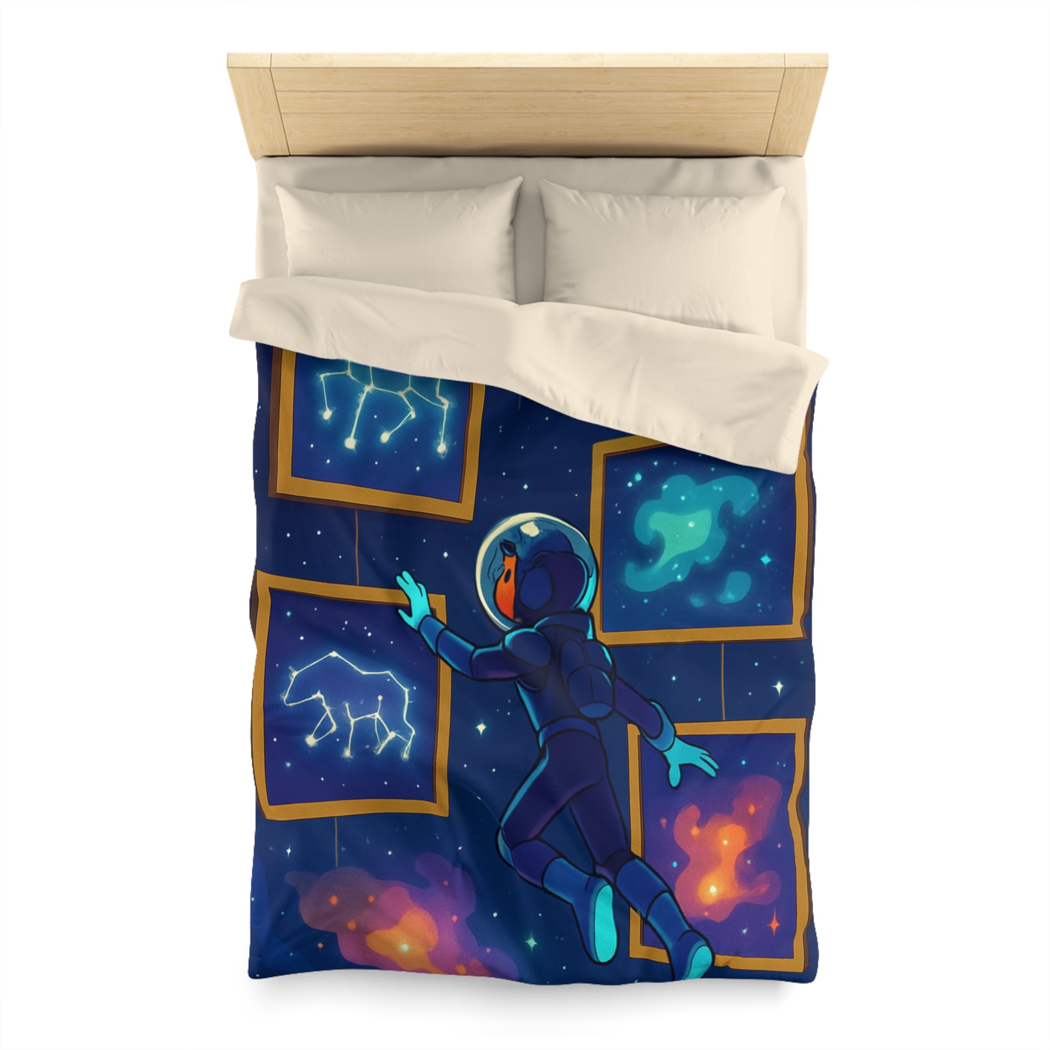 Housse de couette spatiale avec constellations lumineuses et astronaute explorant des galaxies mystérieuses