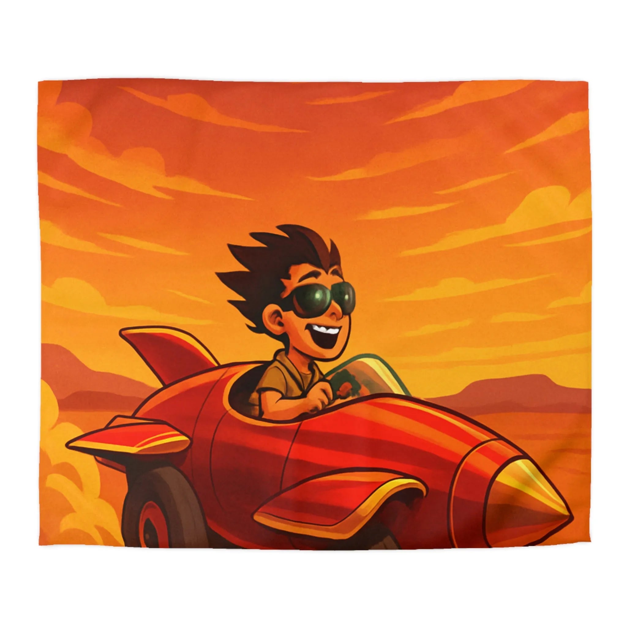 Housse de Couette Enfant Dynamique Rouge avec Avion de Course Ciel Orange