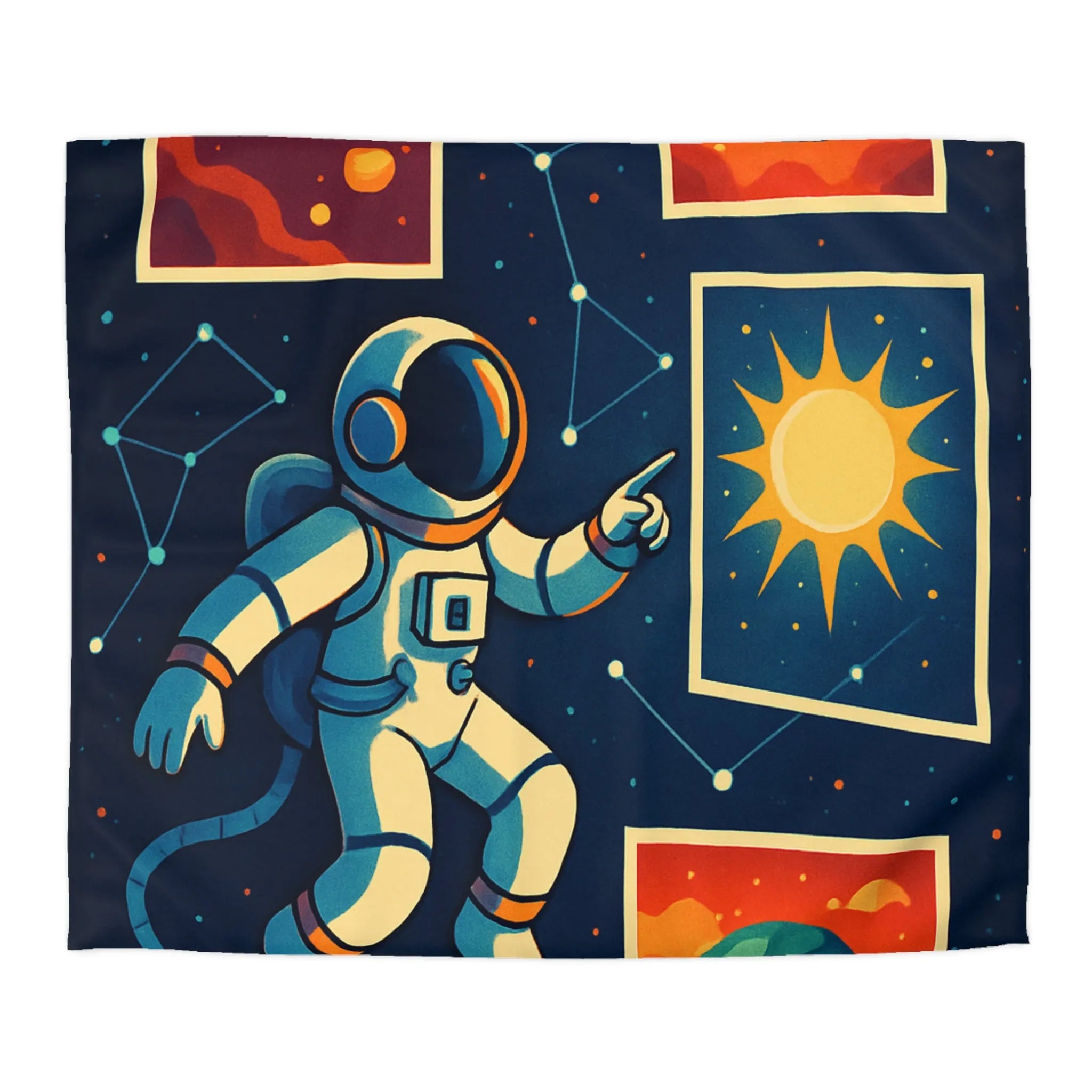 Housse de Couette Espace: Astronaute Flottant parmi Planètes et Constellations, Nuit Étoilée