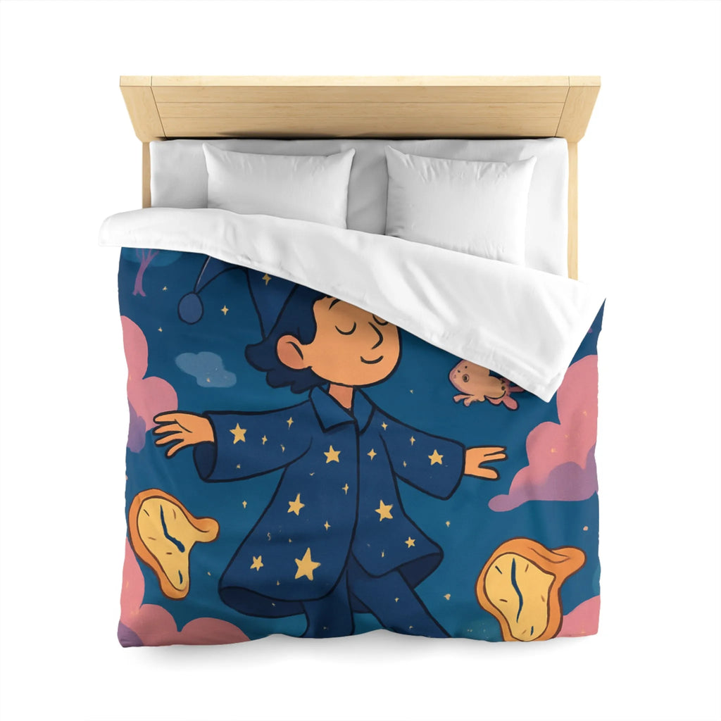 Housse de couette magique avec sorcier enfant rêvant de créatures volantes lunaires