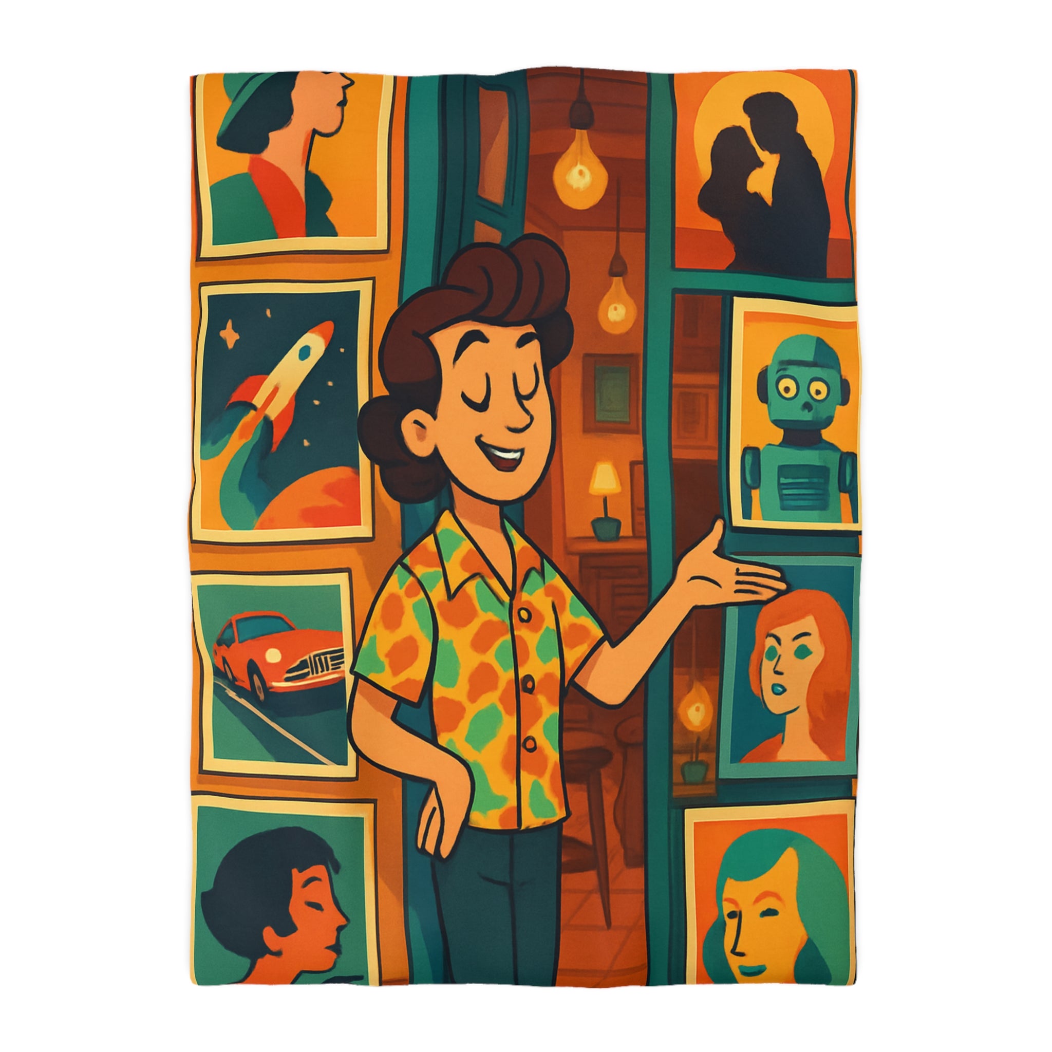 Housse de couette rétro avec illustrations vibrantes, ambiance vintage et design artistique coloré