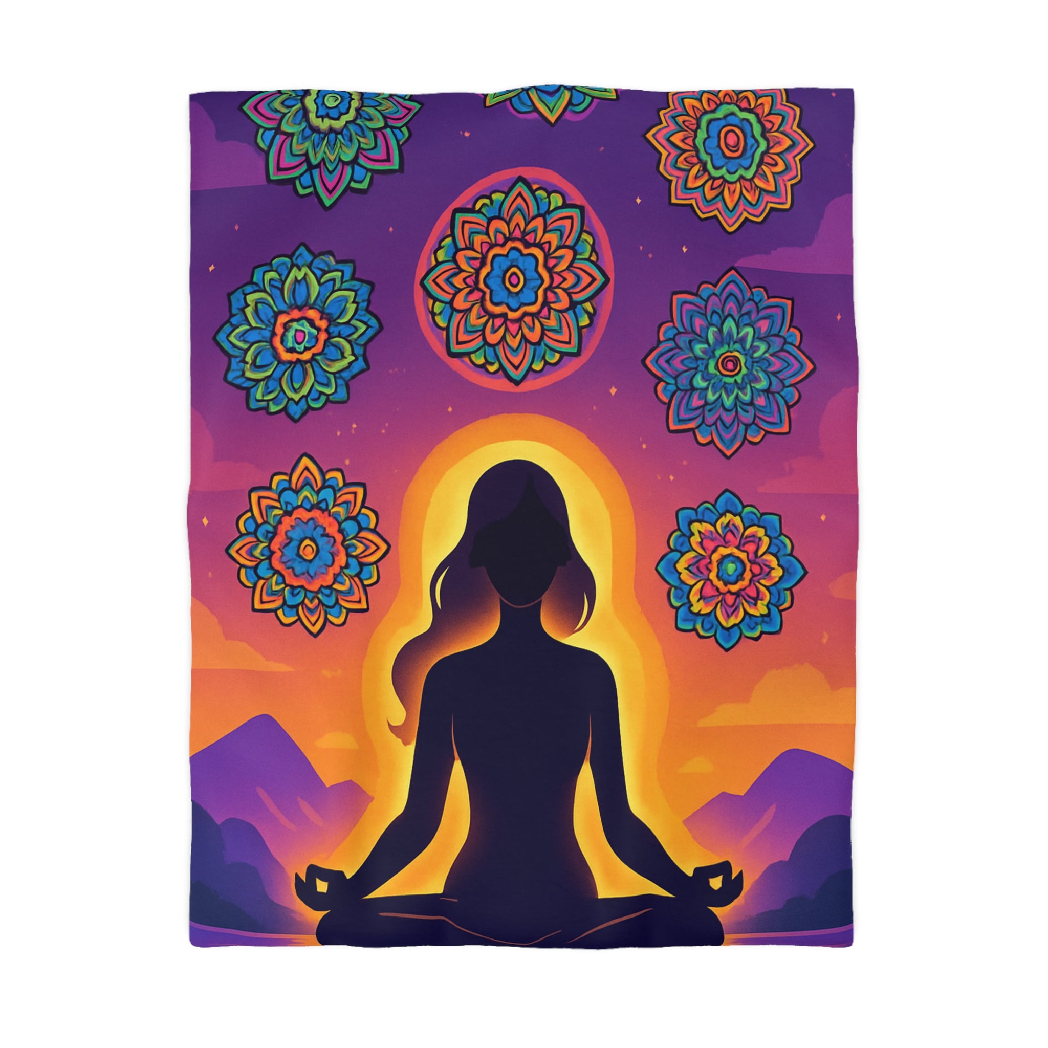 Paisible méditation silhouettée avec mandalas colorés et paysage crépusculaire serein et enchanteur