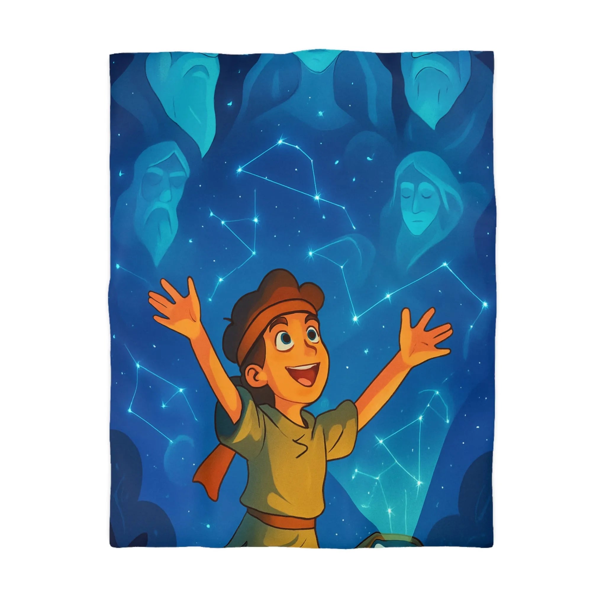 Housse de couette illustrée nocturne avec enfant, robot et constellations célestes inspirantes